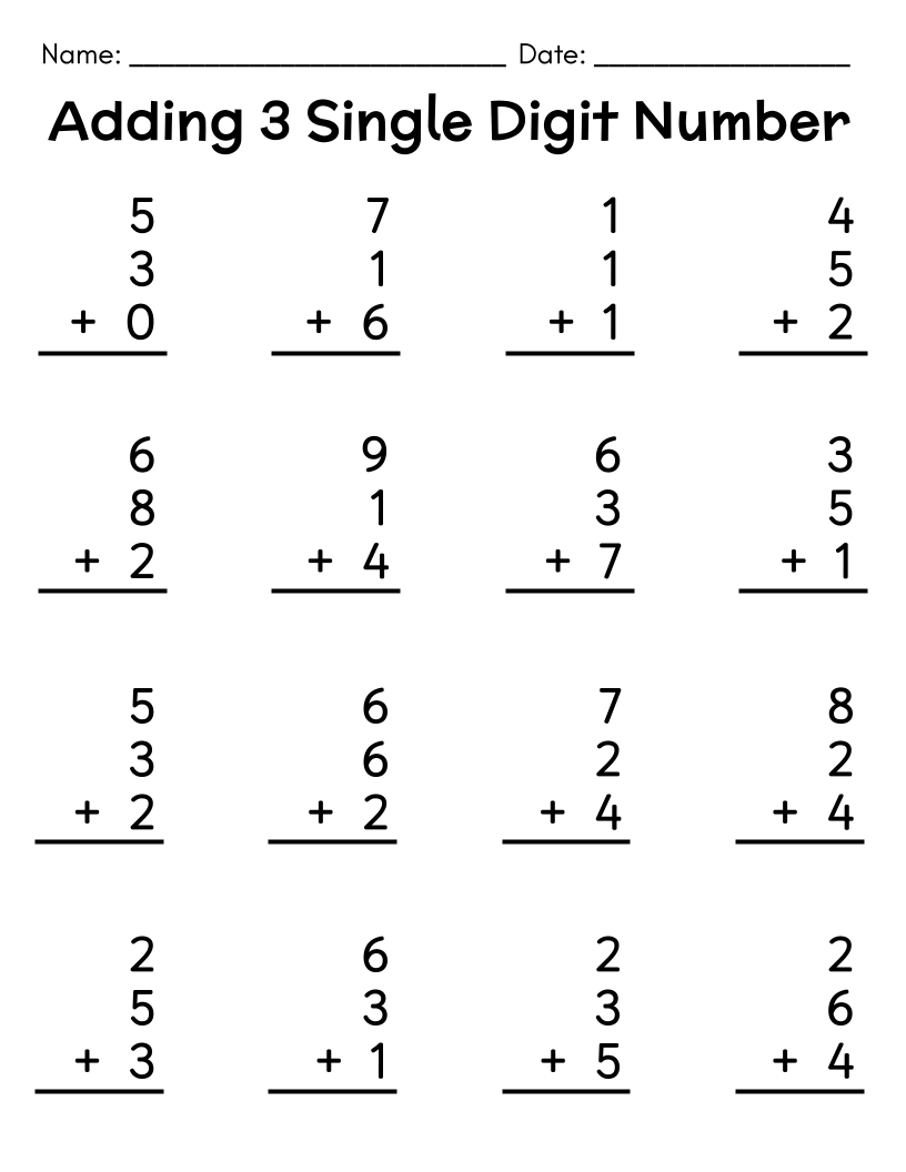 Free Printable Single Digit Addition Worksheets