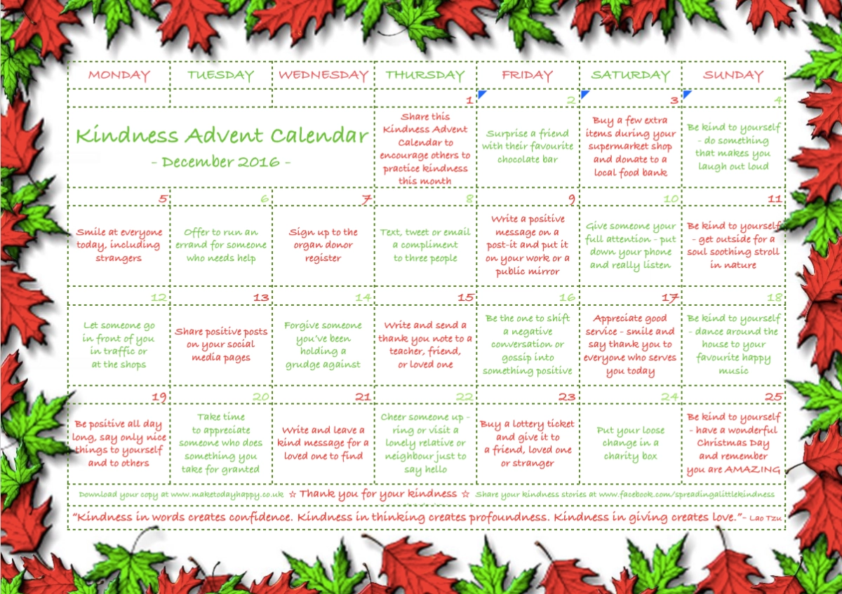 Act Of Kindness 24 Kindness Advent Calendar 2016 Make Today 