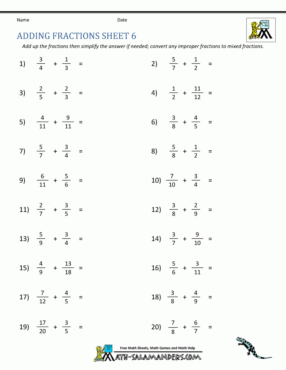 adding fractions worksheets
