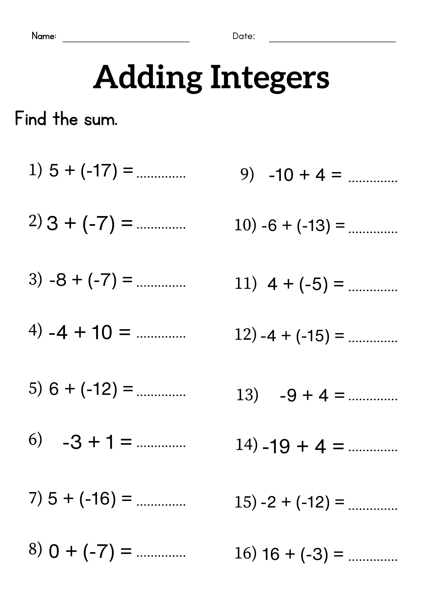 7th Grade Math Worksheets Printable Integers
