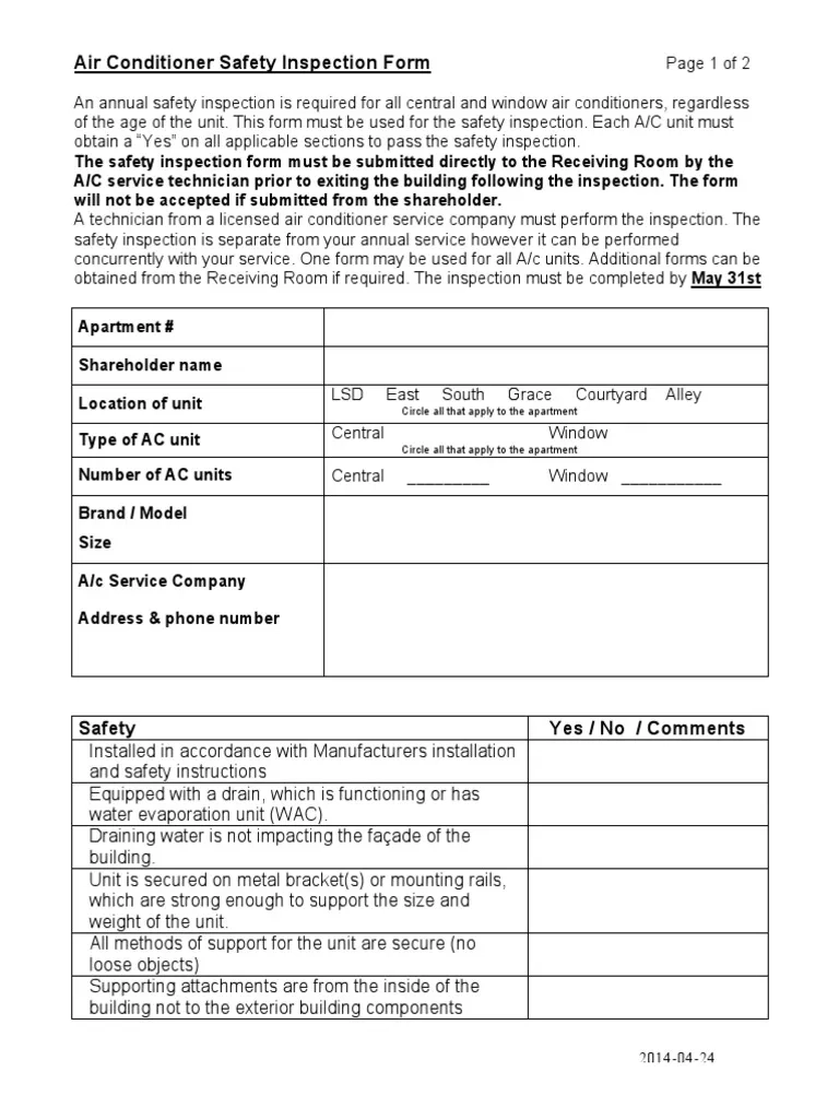 Air Conditioner Safety Inspection Form PDF Air Conditioning 