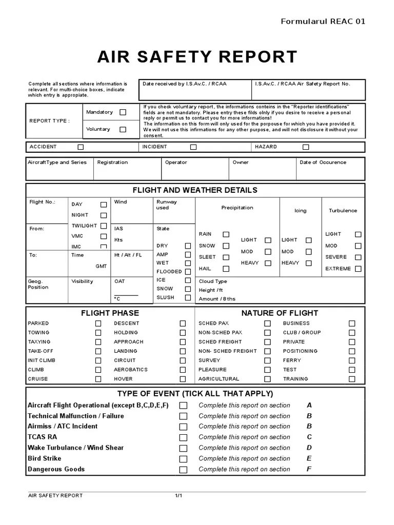 Air Safety Report Form REAC 01 PDF Aviation Safety Aircraft