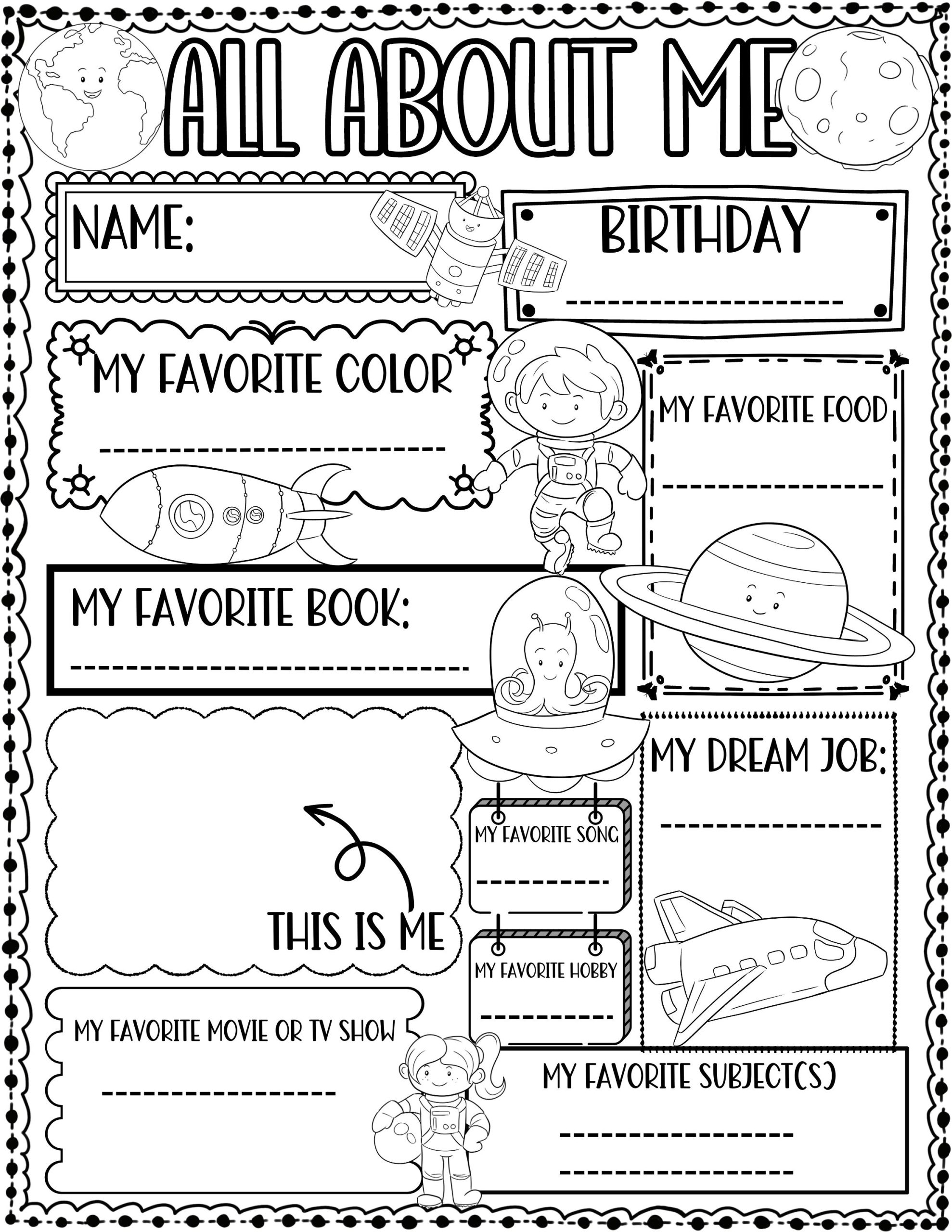 All About Me Worksheet Space Theme First Day Of School Activity 
