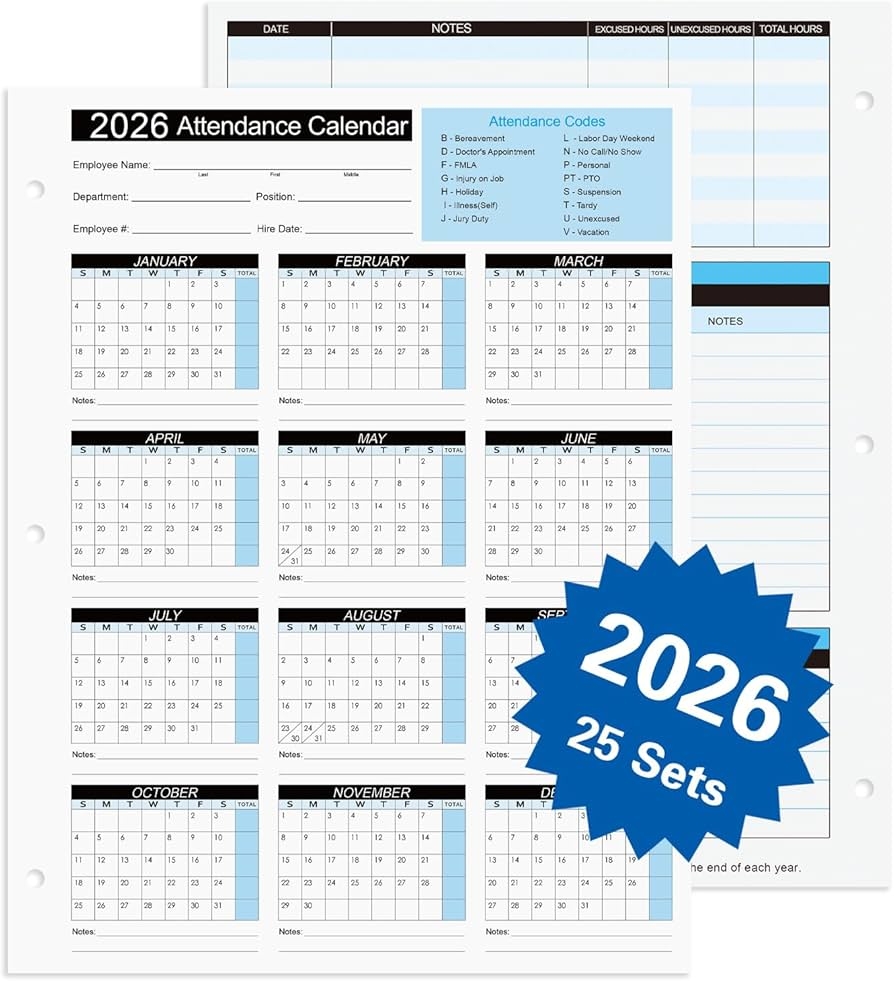 Amazon 2026 Attendance Calendar Work Tracker Attendance 