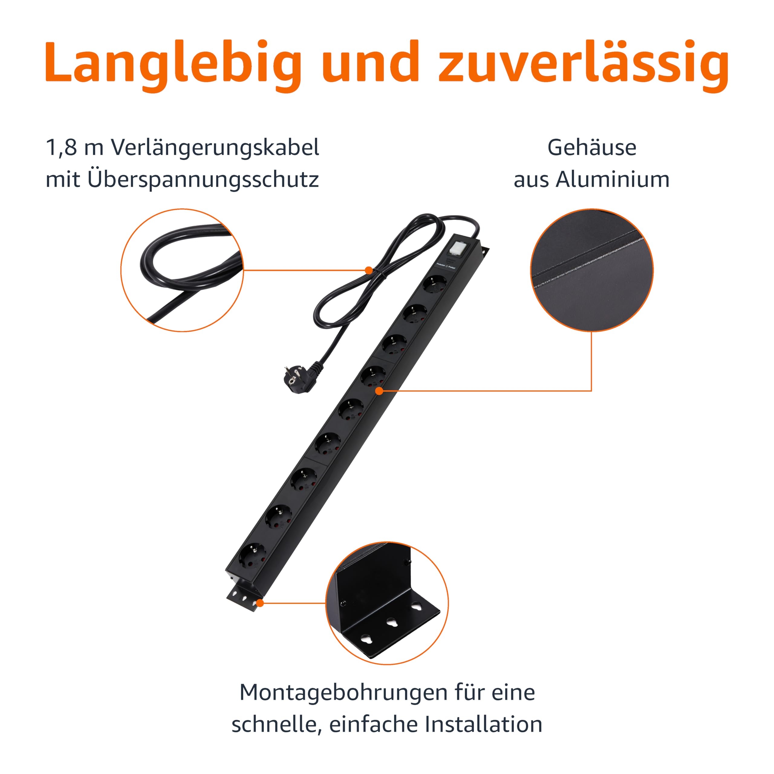 Amazon Basics Steckdosenleiste Robustes Metall berspannungsschutz Rechteckig 9 Steckdosen 600 Joule 1 8 M Langes Kabel Schwarz Amazon de 