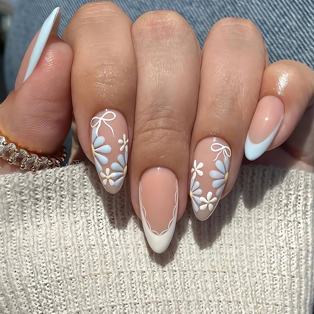 Amazon LPOODDNU Flower Fake Nails Almond Daisy Press On Nails 