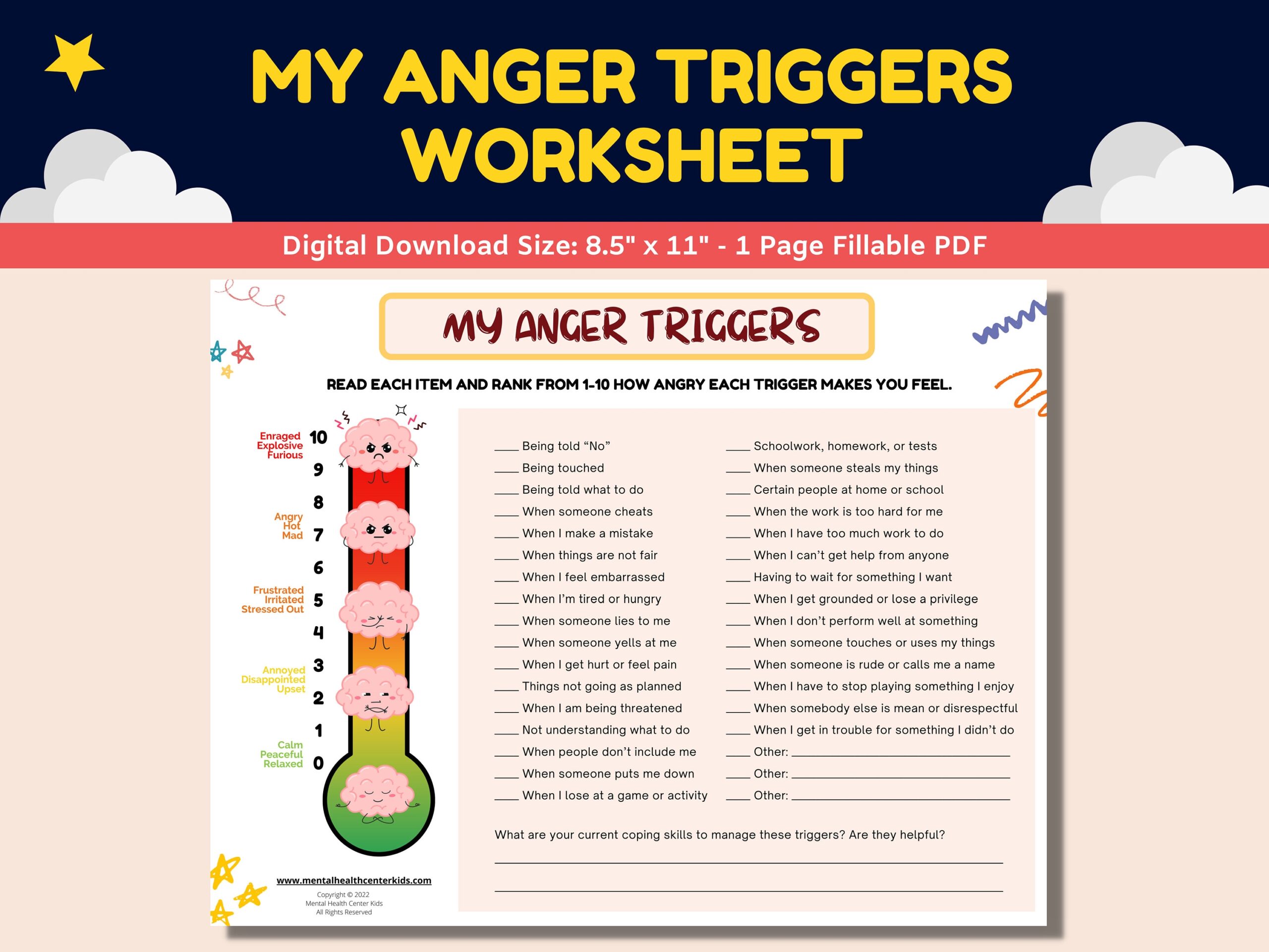 Anger Triggers Fillable Worksheet Kids Children With Anger 