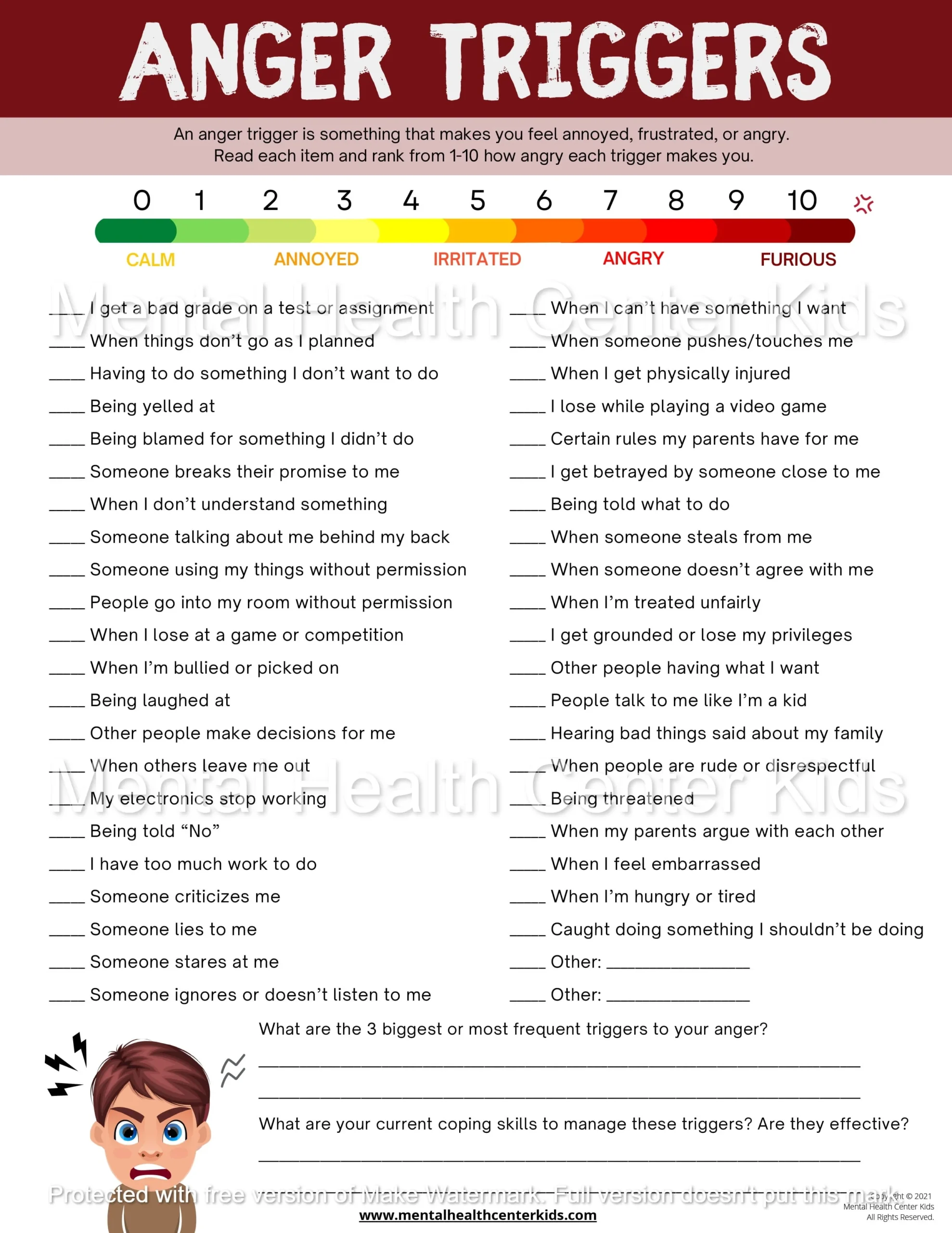 Anger Worksheets For Kids