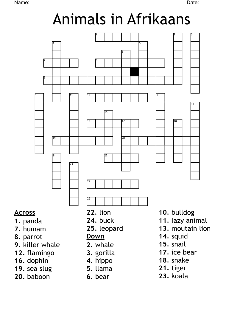Animals In Afrikaans Crossword WordMint
