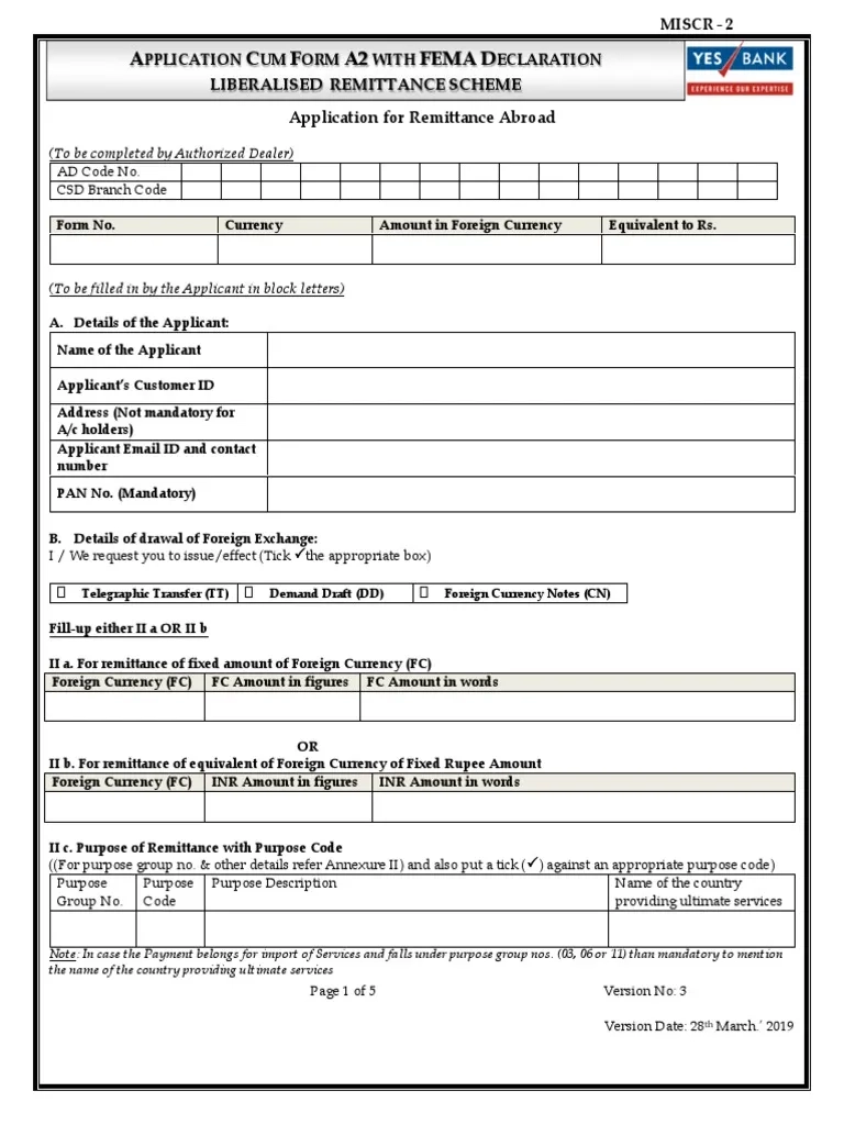 Application Cum Form A2 For LRS Transactions Revised 28 03 