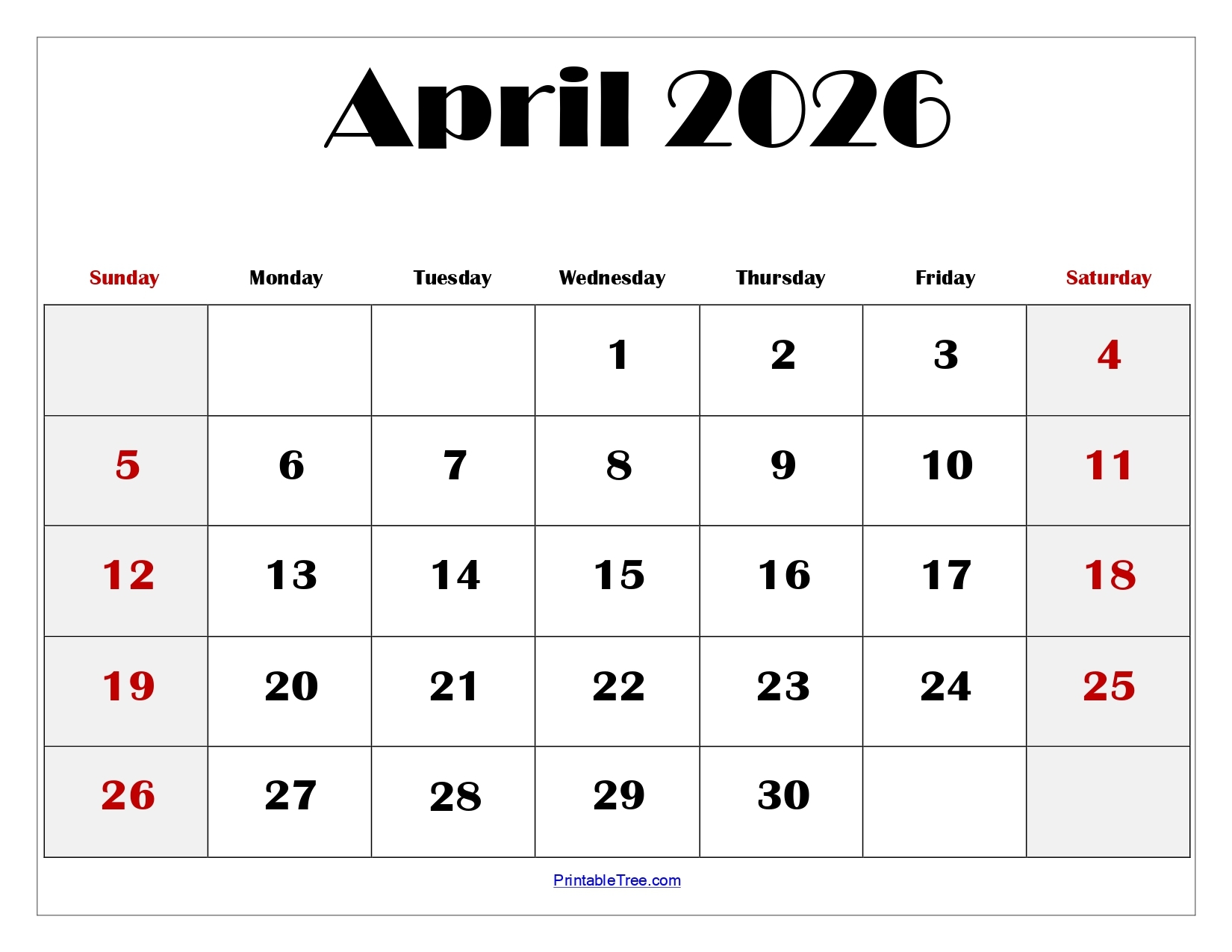 Blank Calendar April 2026