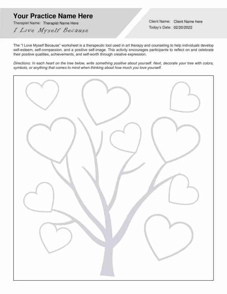 Art Therapy I Love Myself Because Worksheet Editable Fillable 