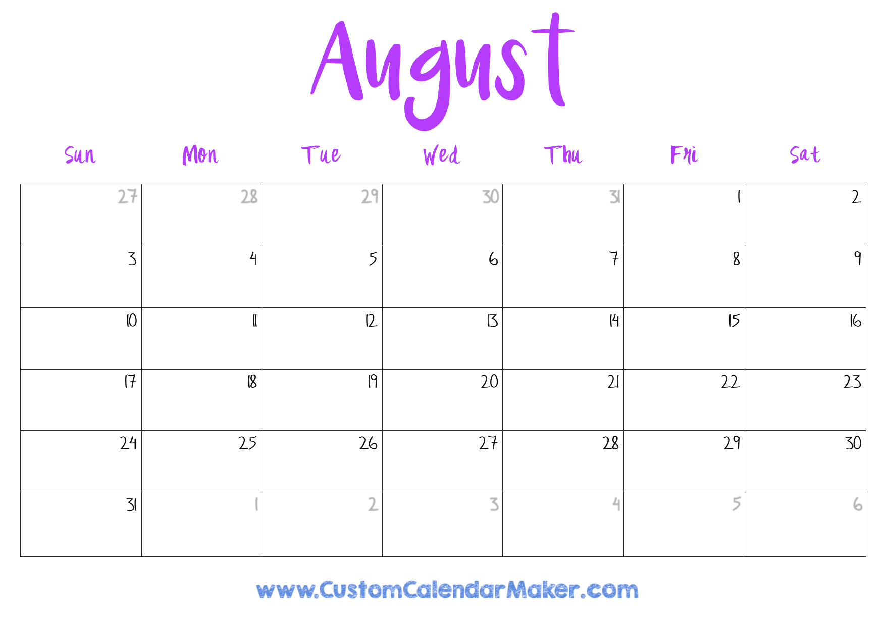 Free Printable Blank August Calendar