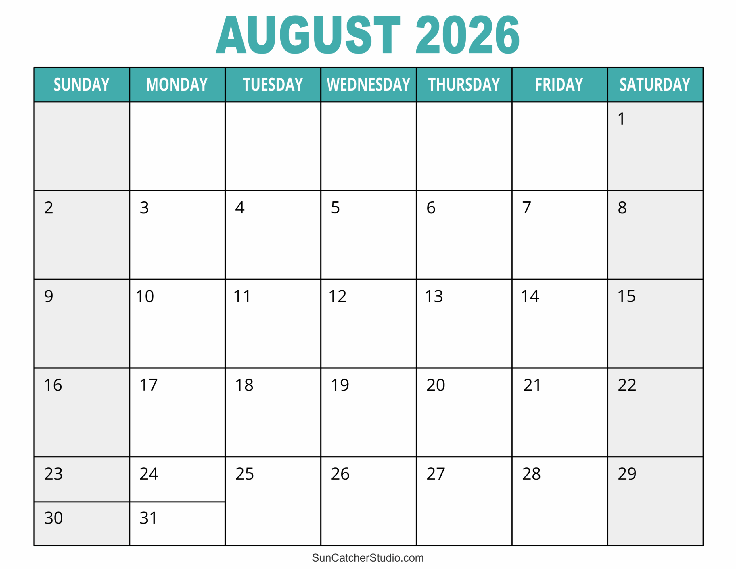 Blank Calendar August 2026-December 2026