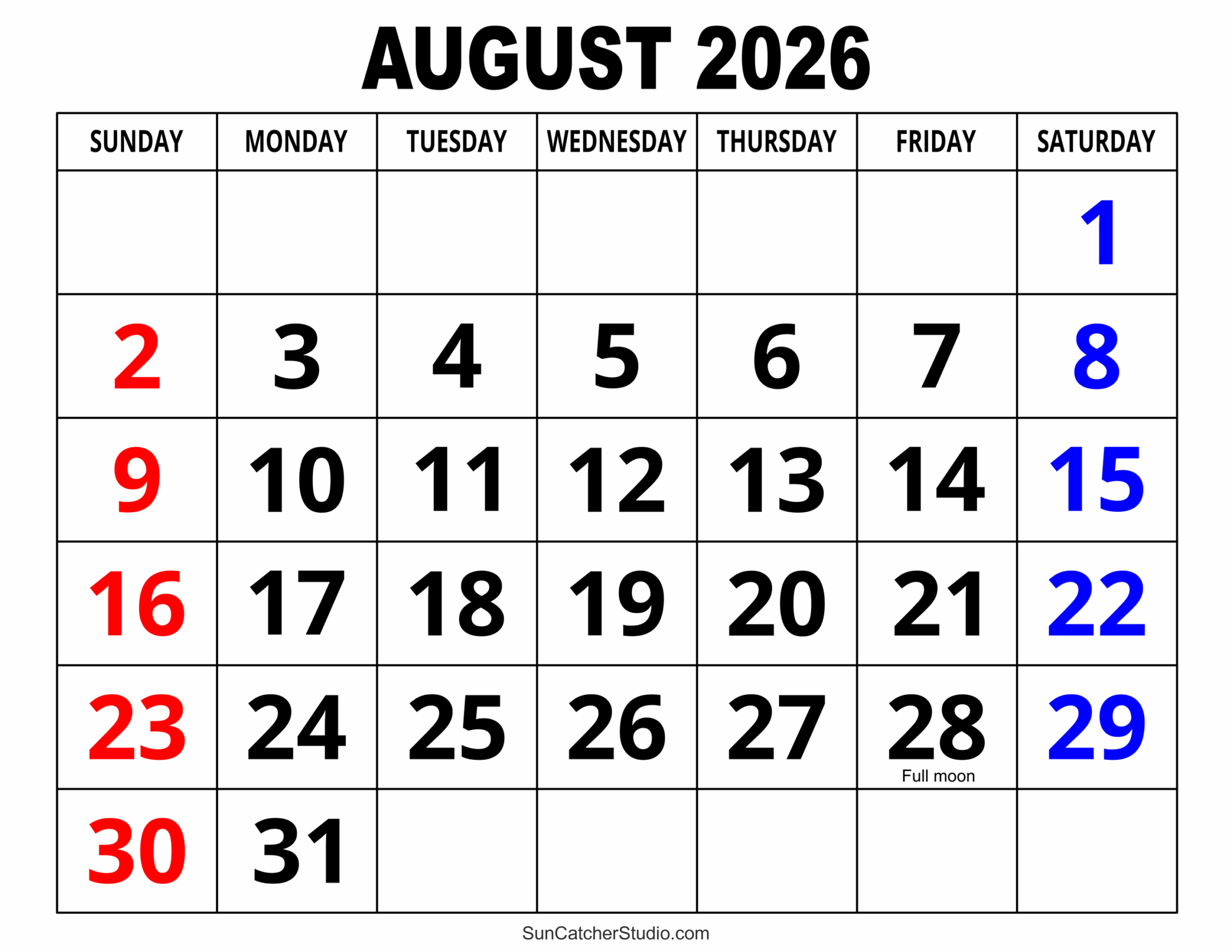 Blank Printable Calendar 2026 August