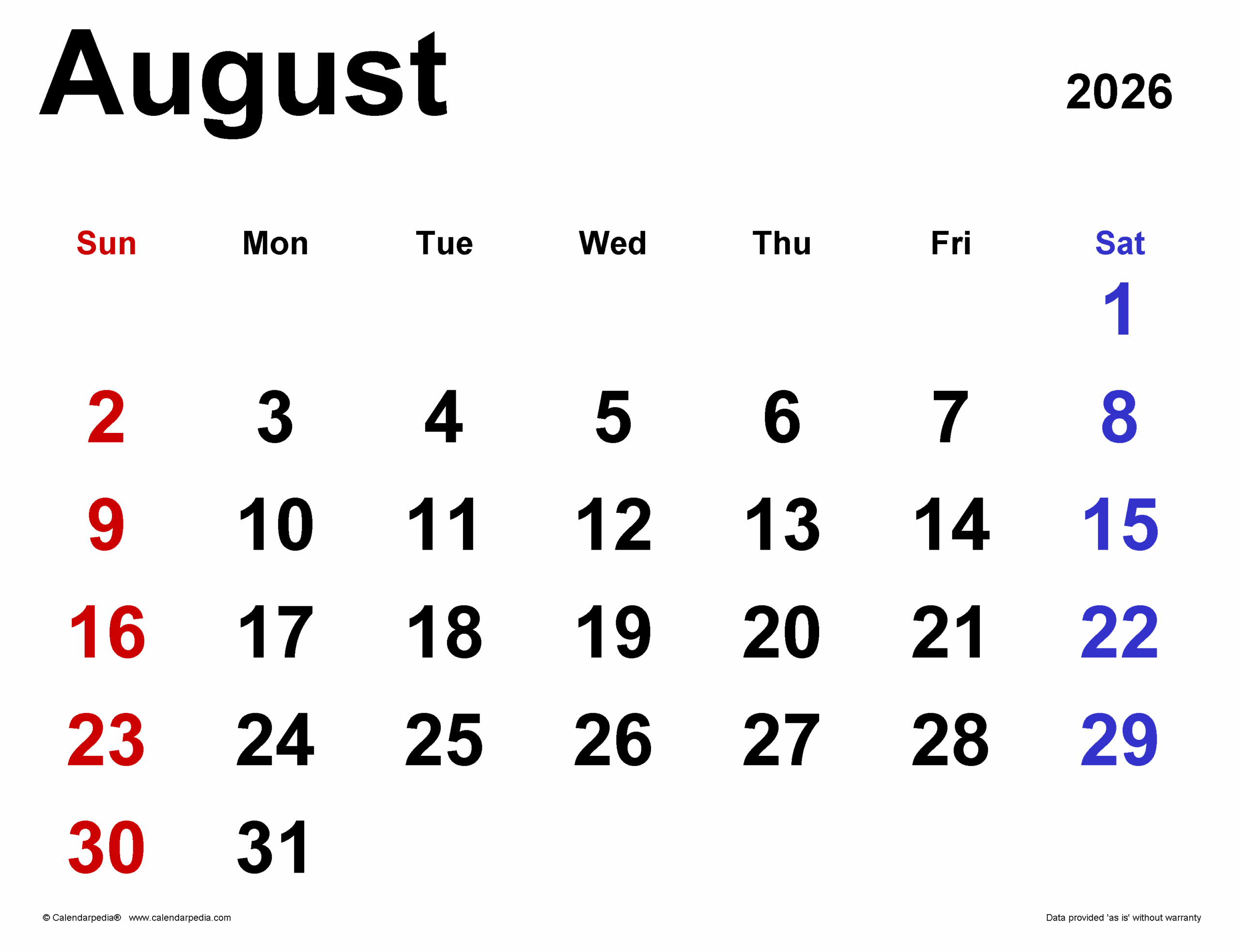 Calendar Of August 2026