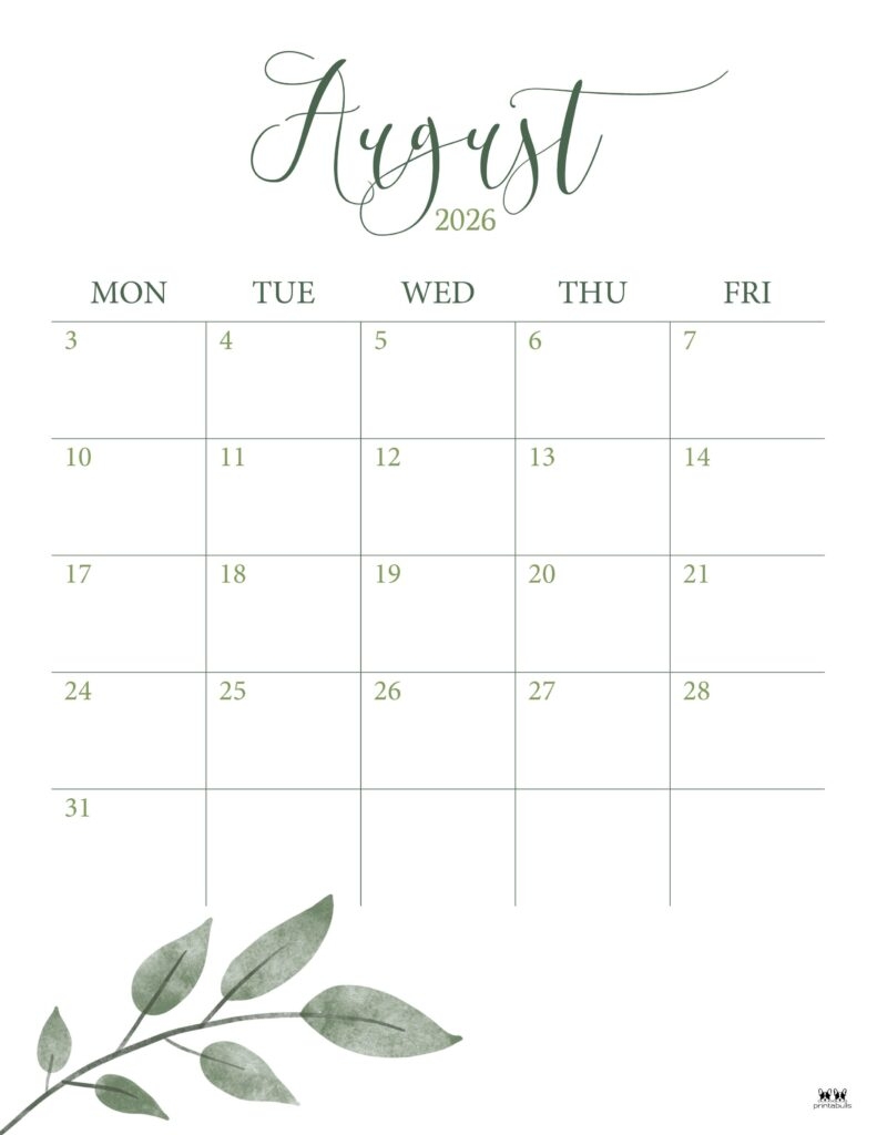 August 2026 Calendars 123 FREE Printables Printabulls