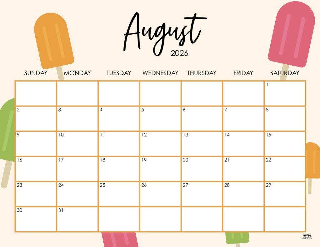 Blank August 2026 Calendar Cute
