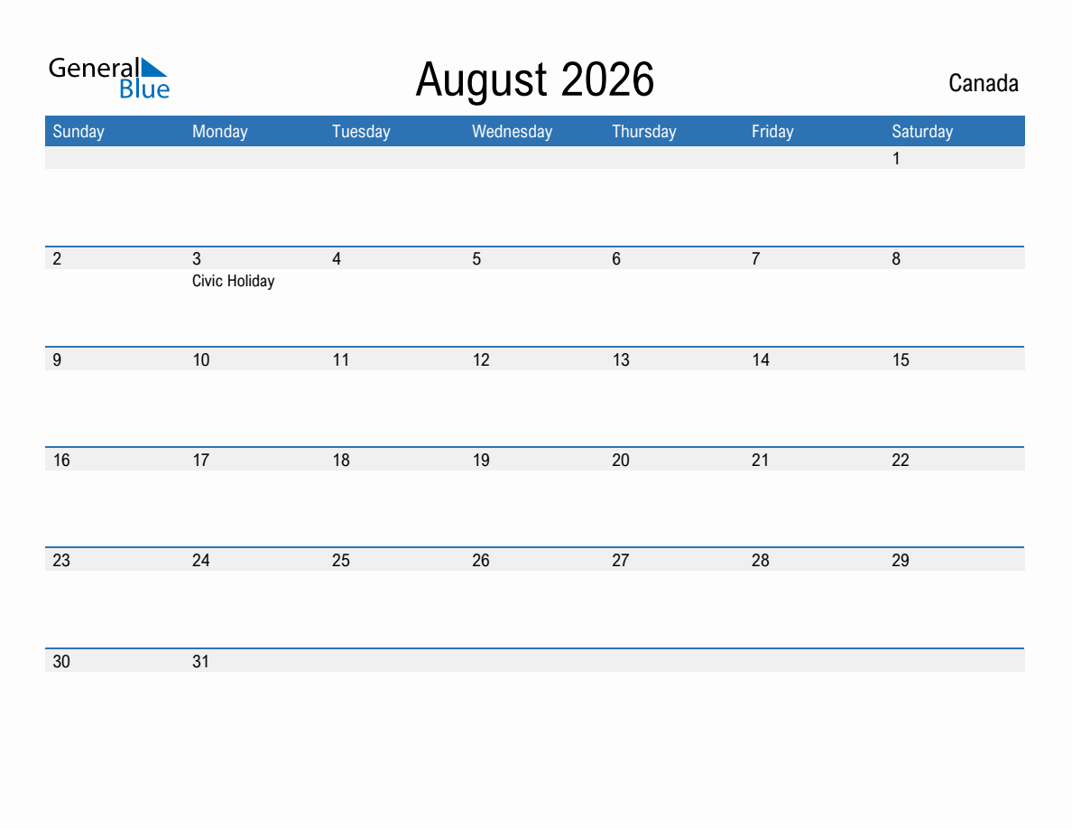 August 2026 Calendar Canada Printable
