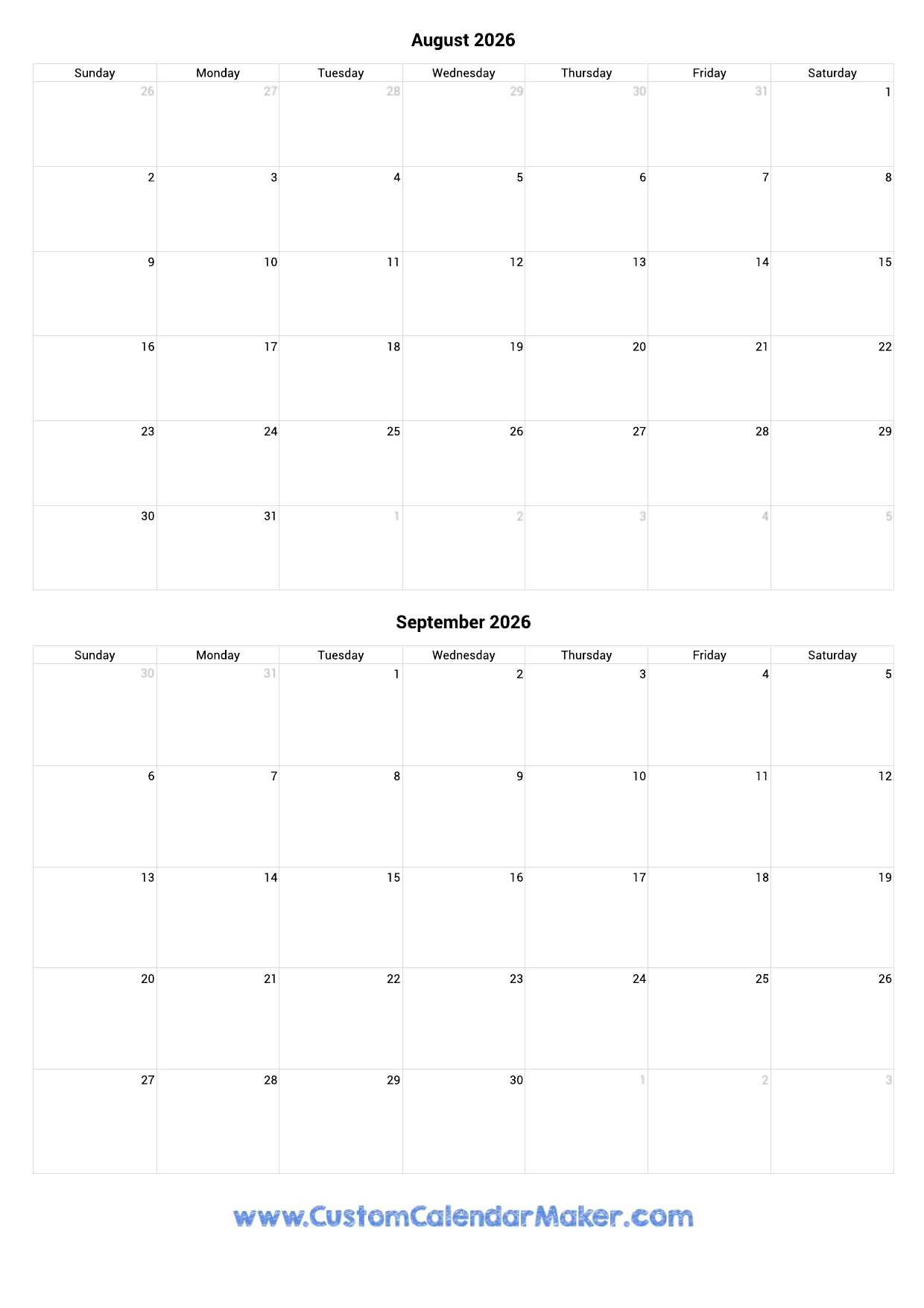 Blank Calendar August 2026 Portrait