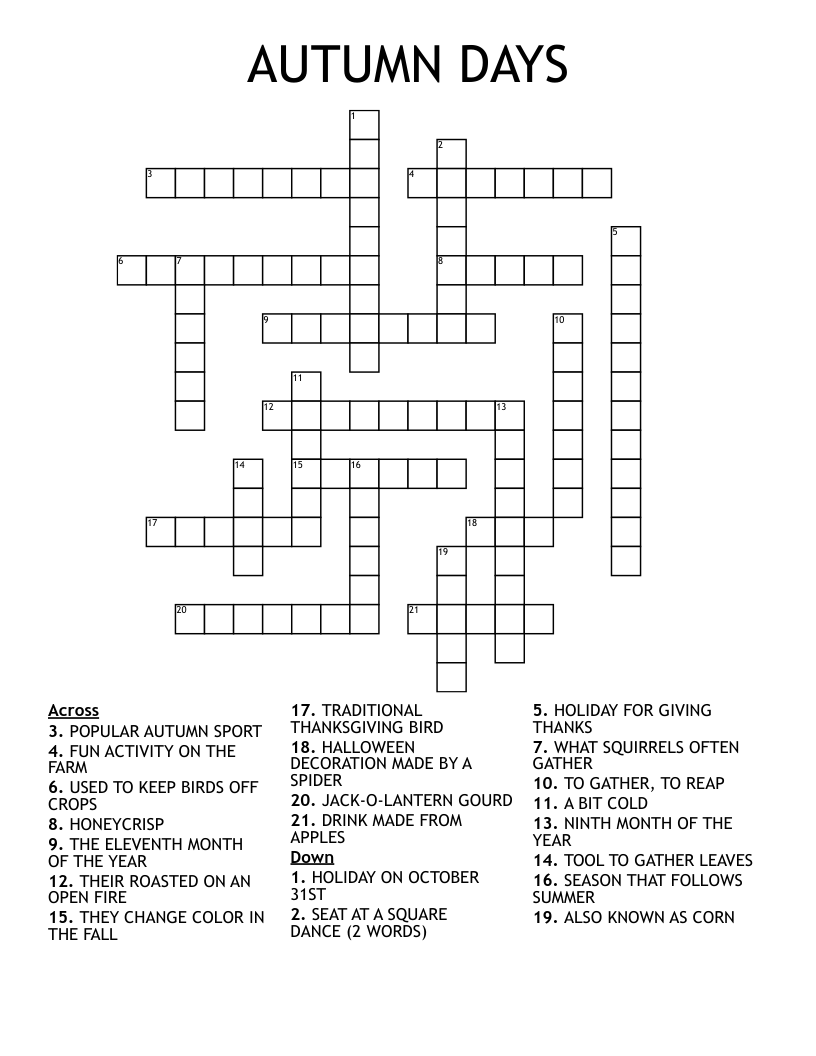 Fall Themed Crossword Puzzles Printable