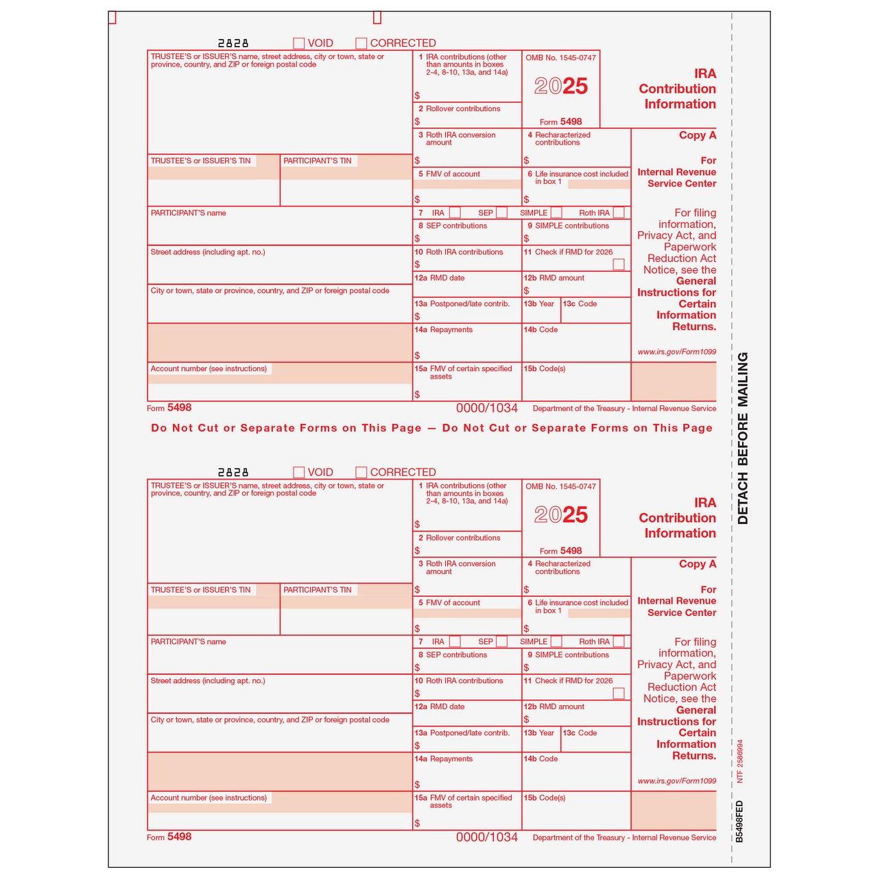 B5498FED05 Form 5498 IRA Contribution Information Copy A Federal