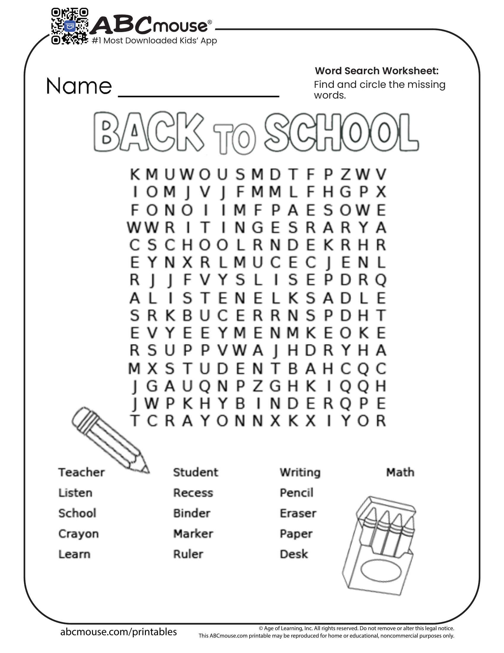 Free Printable Back To School