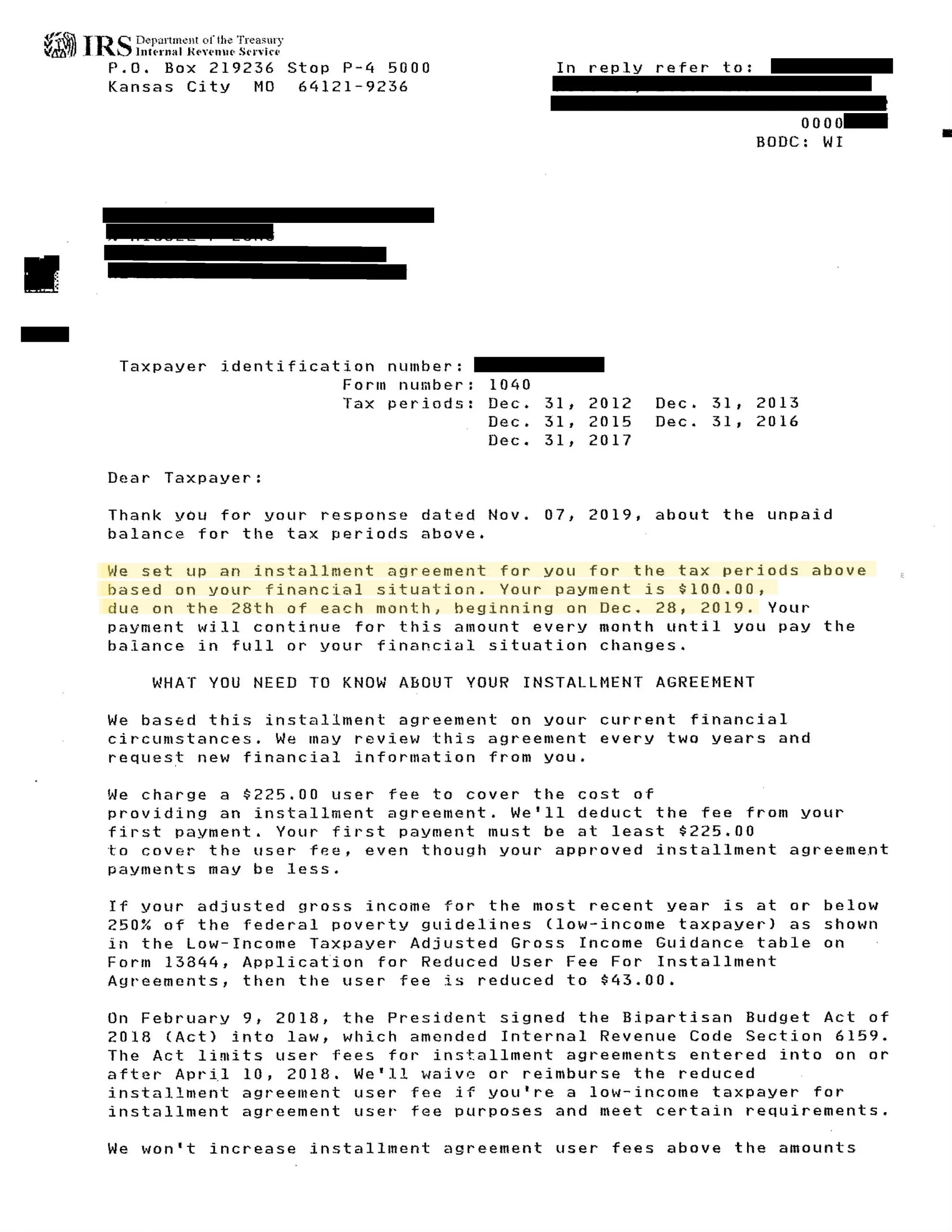 BC Tax Turns 332 month Installment Agreement Into 100 month BC Tax