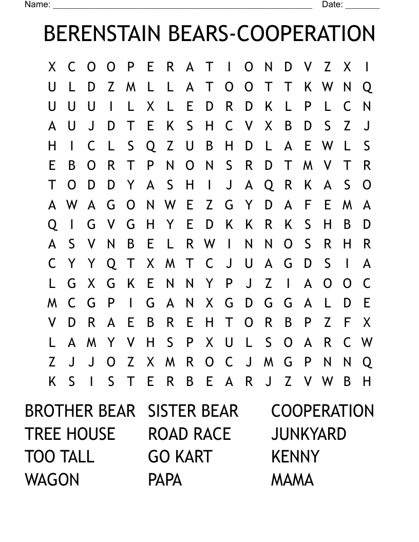 BERENSTAIN BEARS COOPERATION Word Search WordMint