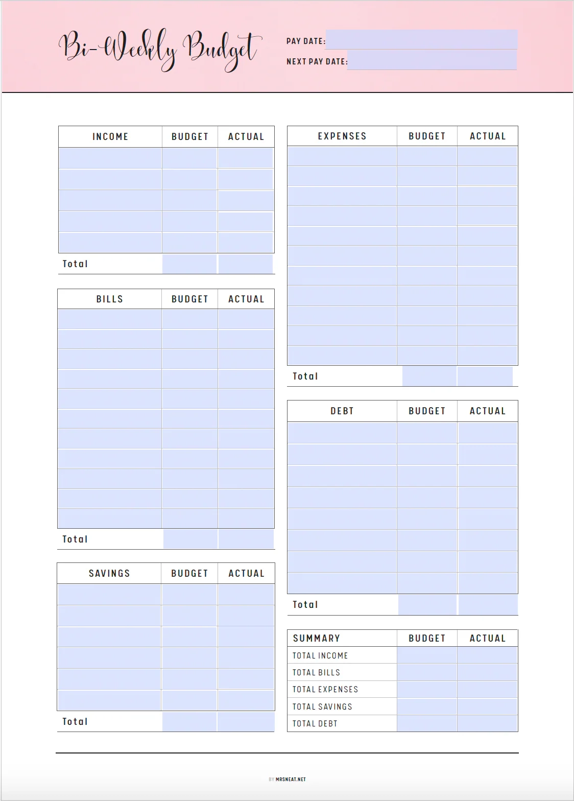 Weekly Budget Worksheet Printable