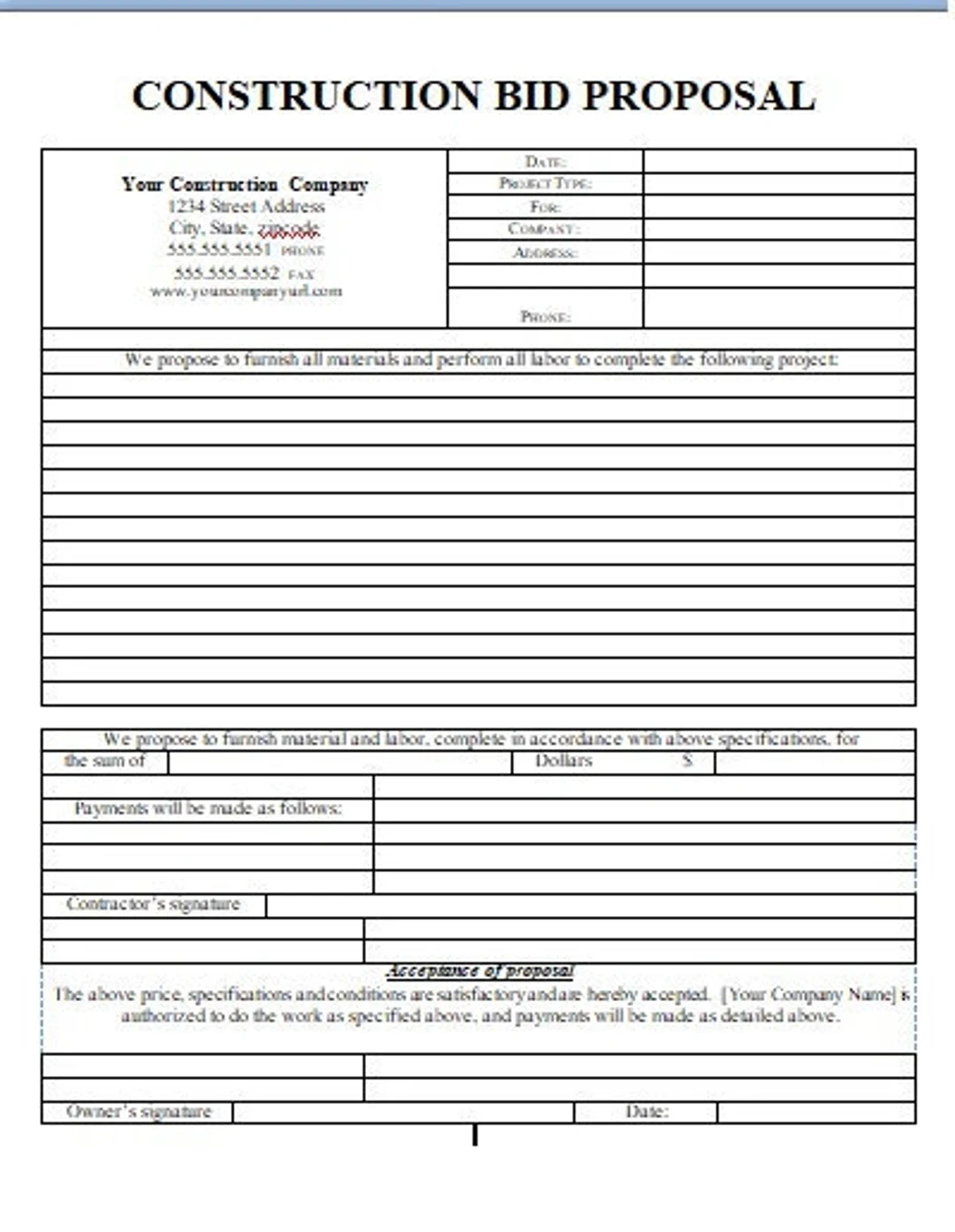 Printable Bid Proposal Template