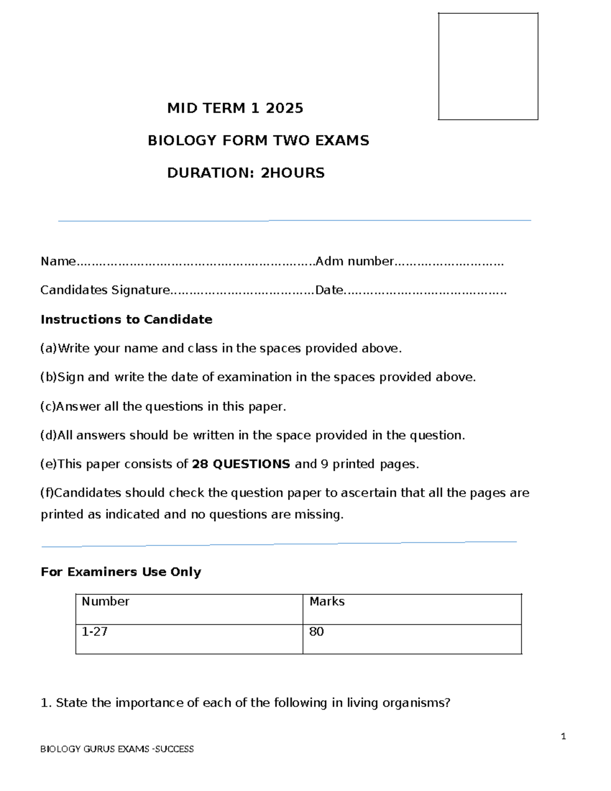 biology form 2 mid term 1 exam paper 2025 edition studocu
