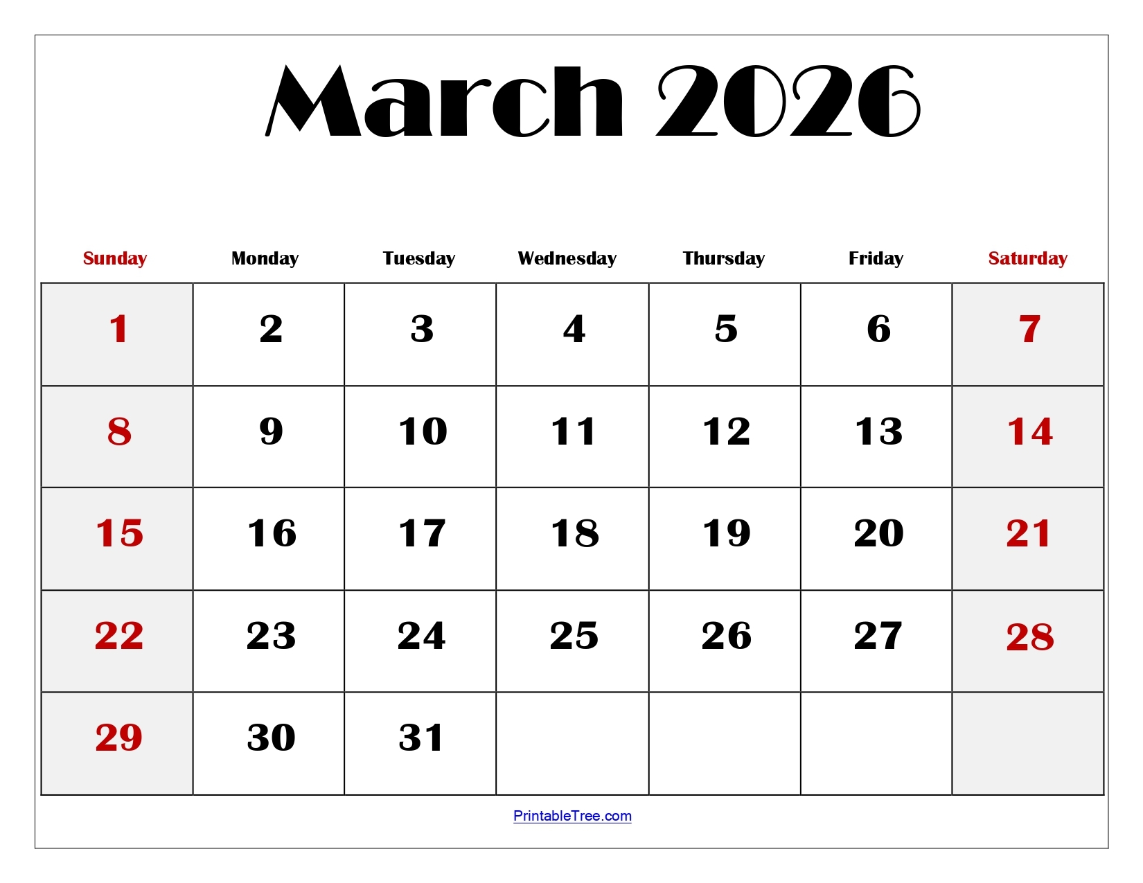 Blank Calendar Pages March 2026 Printable