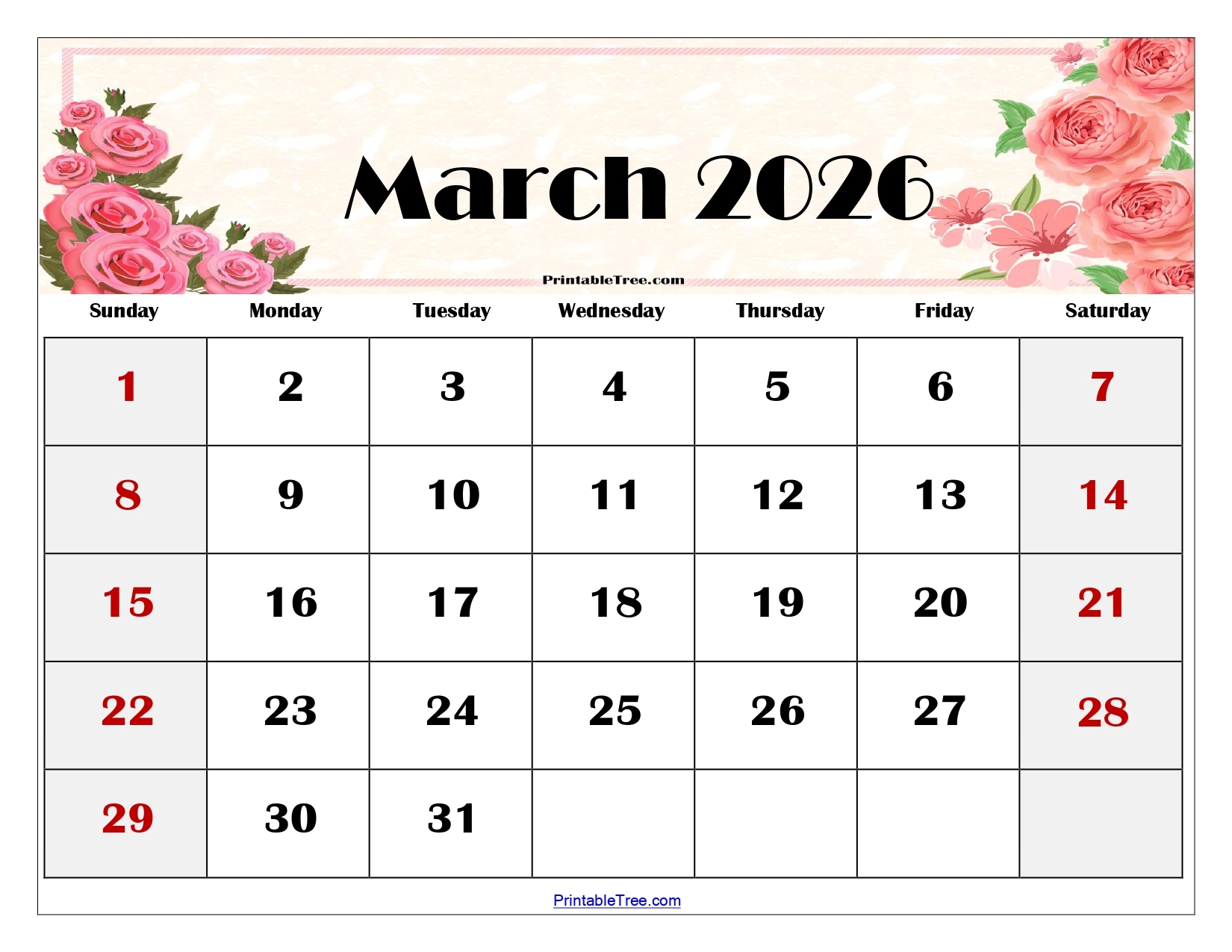 Printable Blank 2026 Calendars March