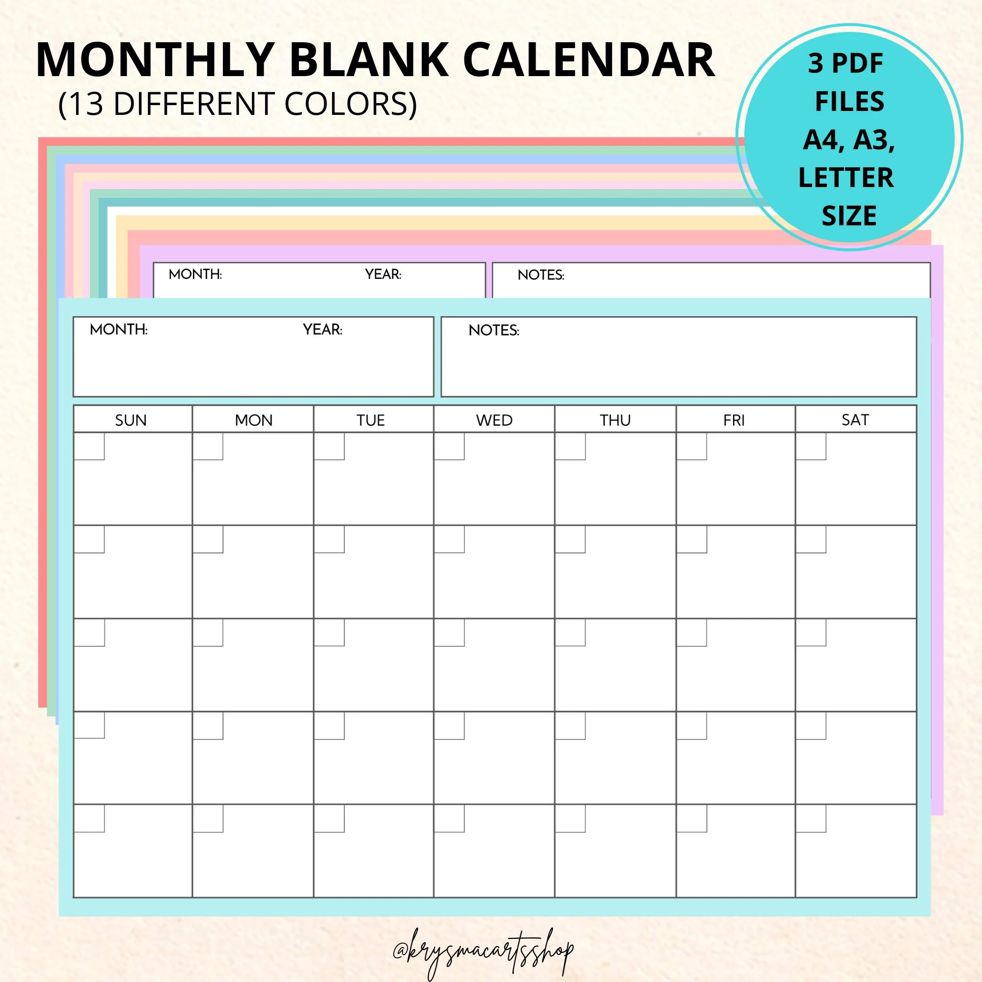 Blank Monthly Calendar Sunday Start Colorful Calendar Printable 