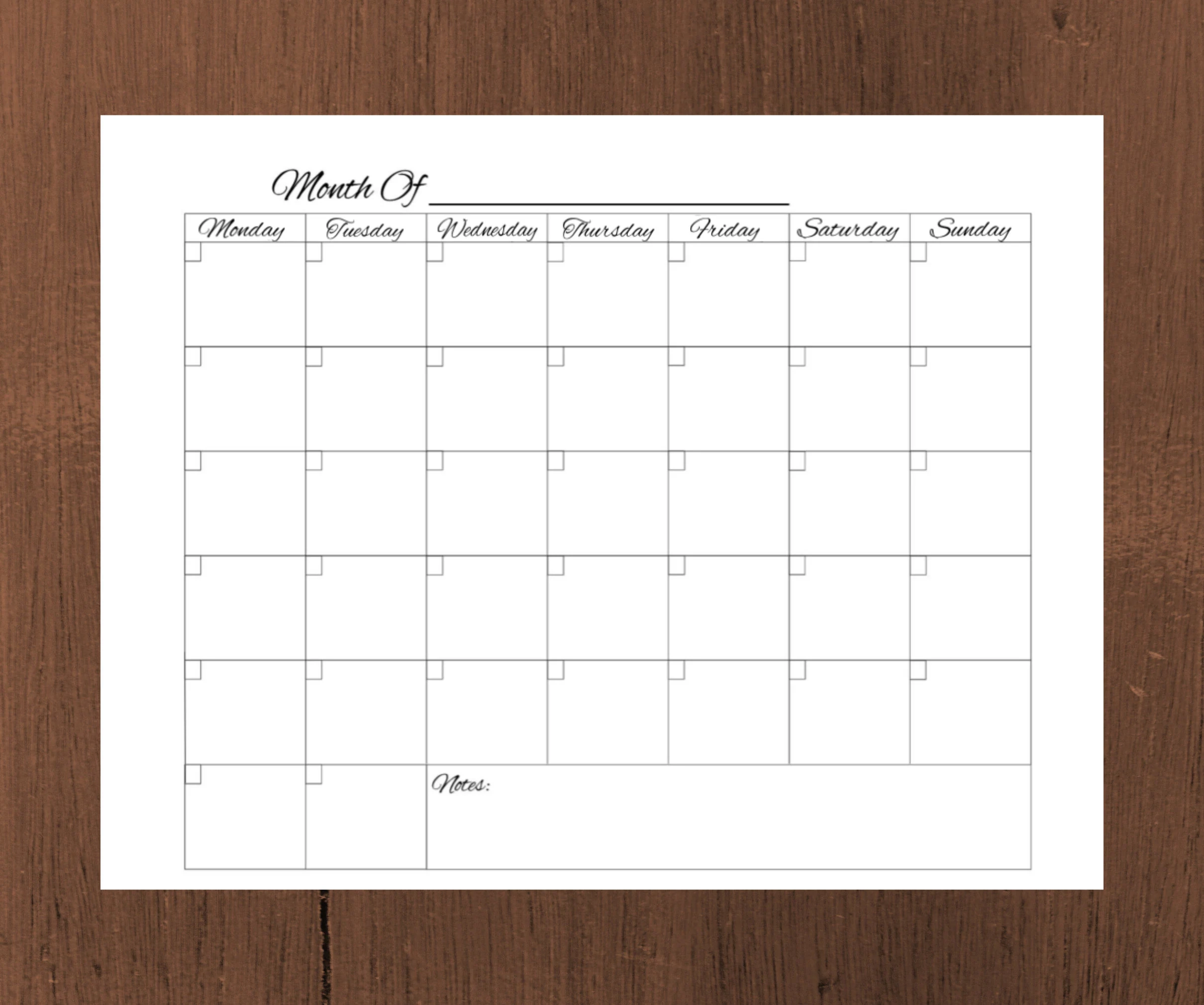 Blank Monthly Calendar Template Editable PDF Printable monday 