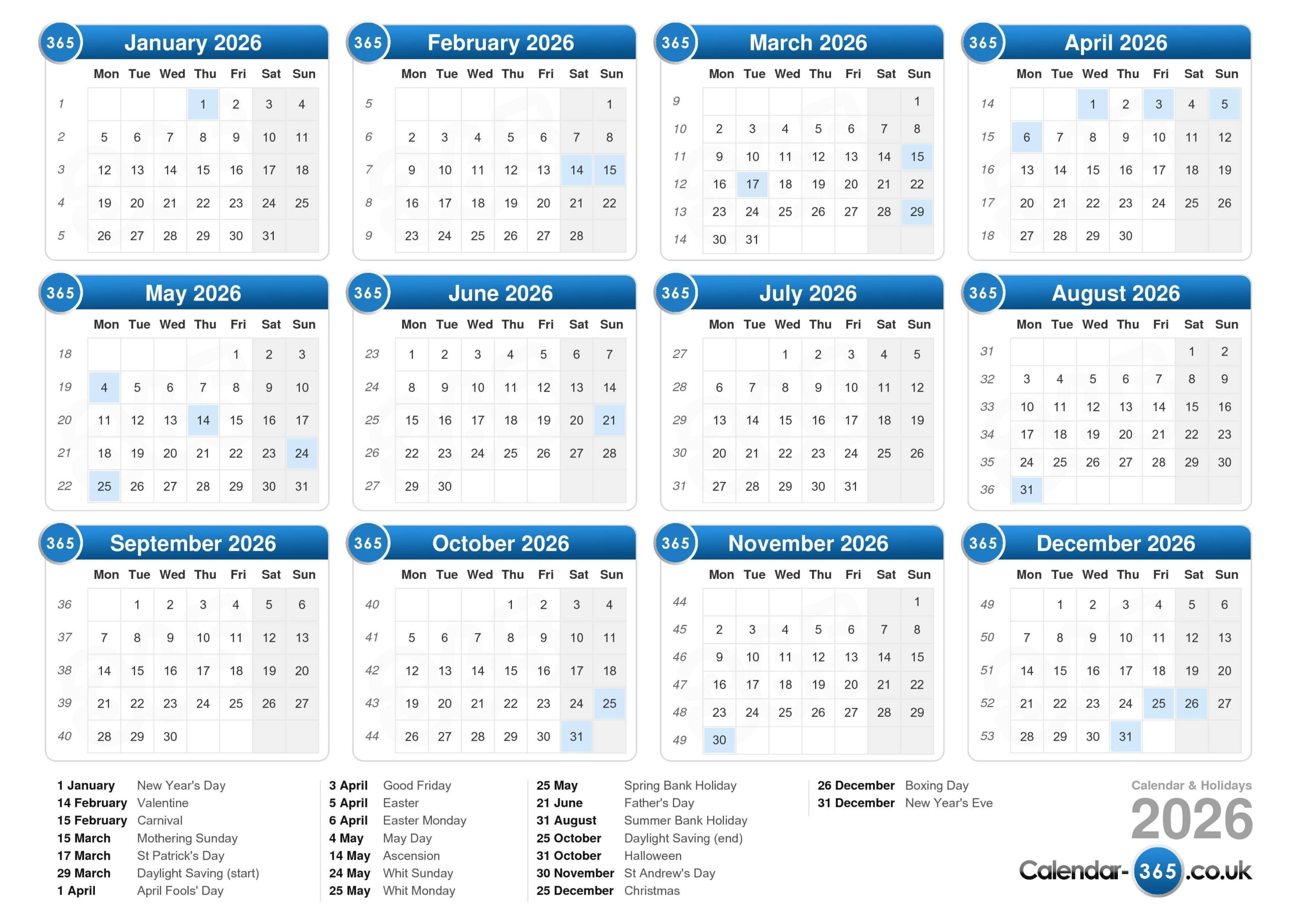 November 2026 Calendar Uk Printable