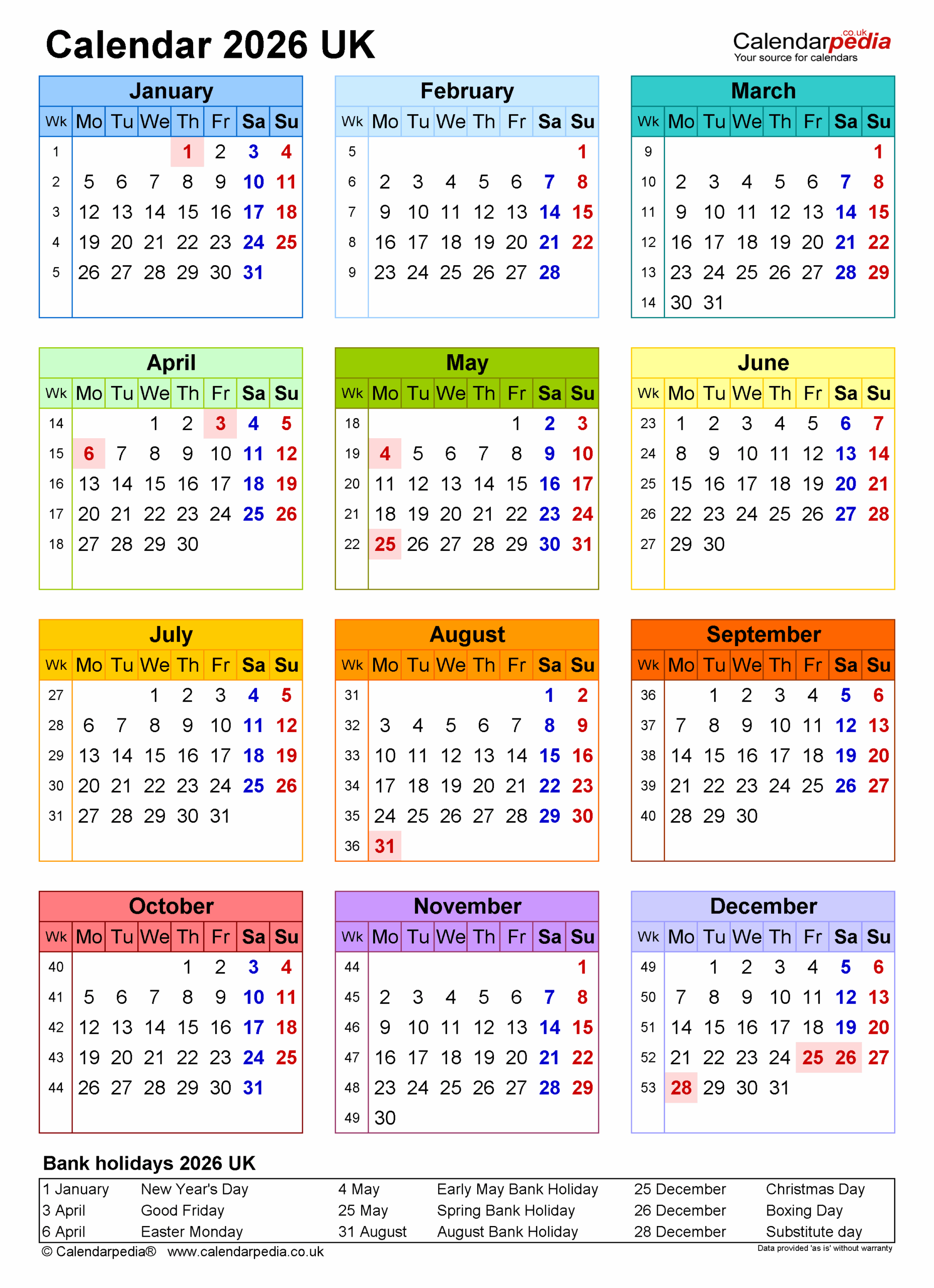 Calendar 2026 UK Free Printable Microsoft Word Templates