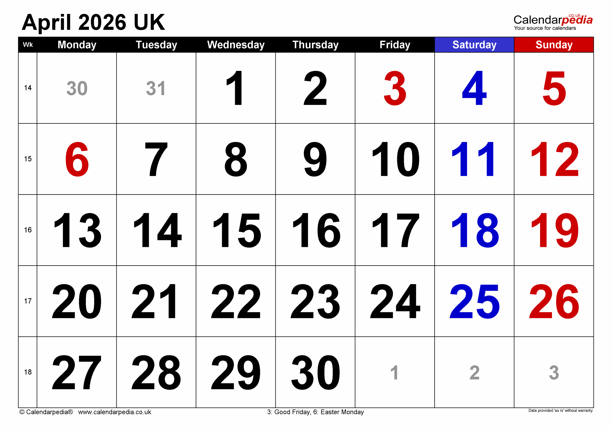 April 2026 Calendar Template Word