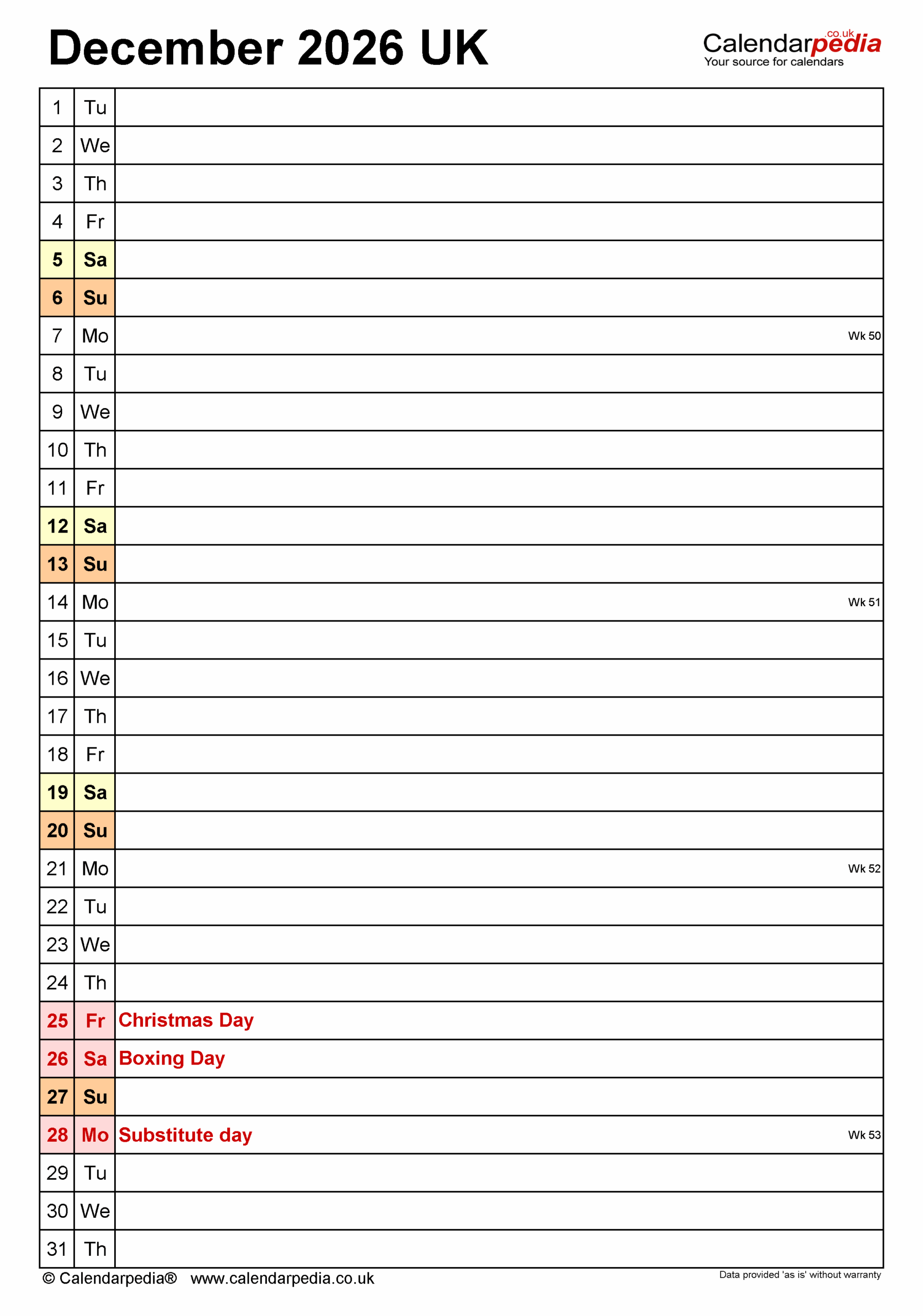 Free Printable Calendar December 2026 Uk