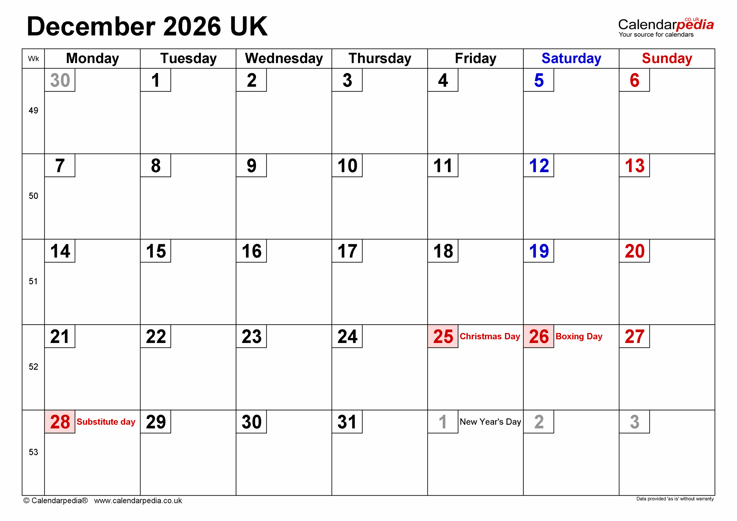 Calendar December 2026 UK With PDF Excel And Word Templates