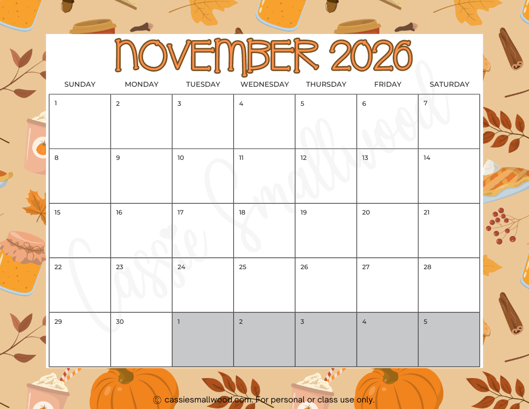 Month Of November Calendar 2026 Printable