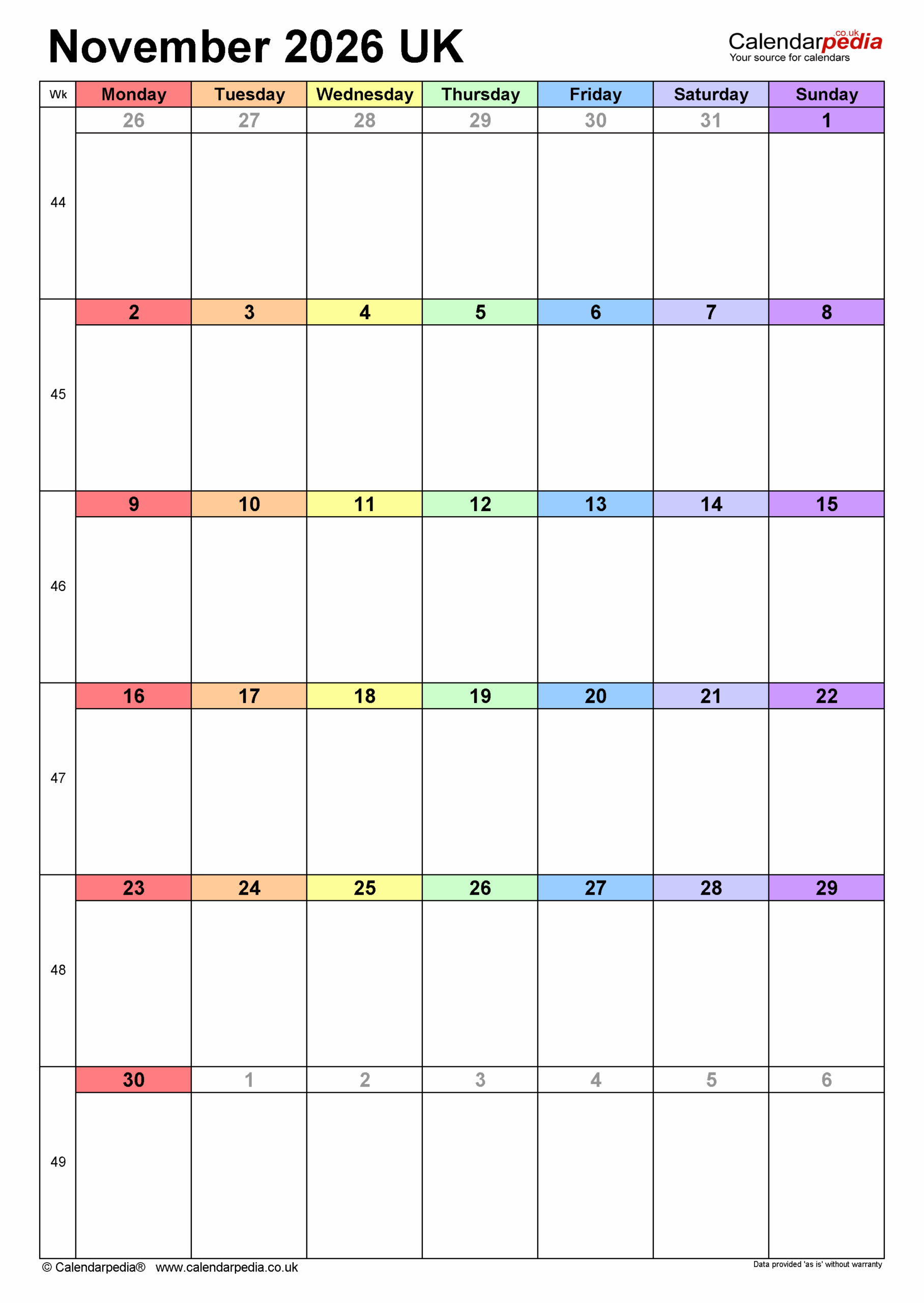 Calendar November 2026 UK With PDF Excel And Word Templates