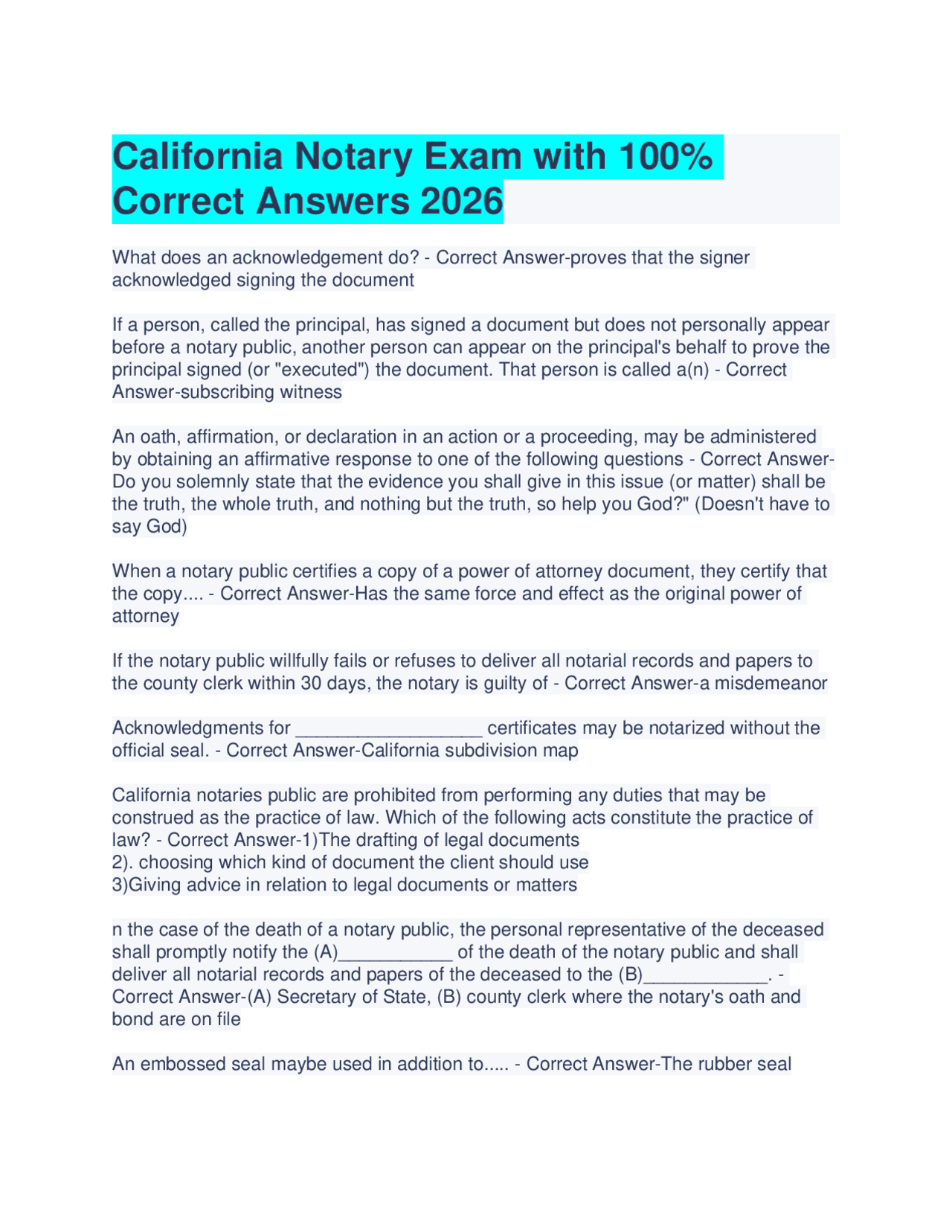 California Notary Exam With 100 Correct Answers 2026 Exams 