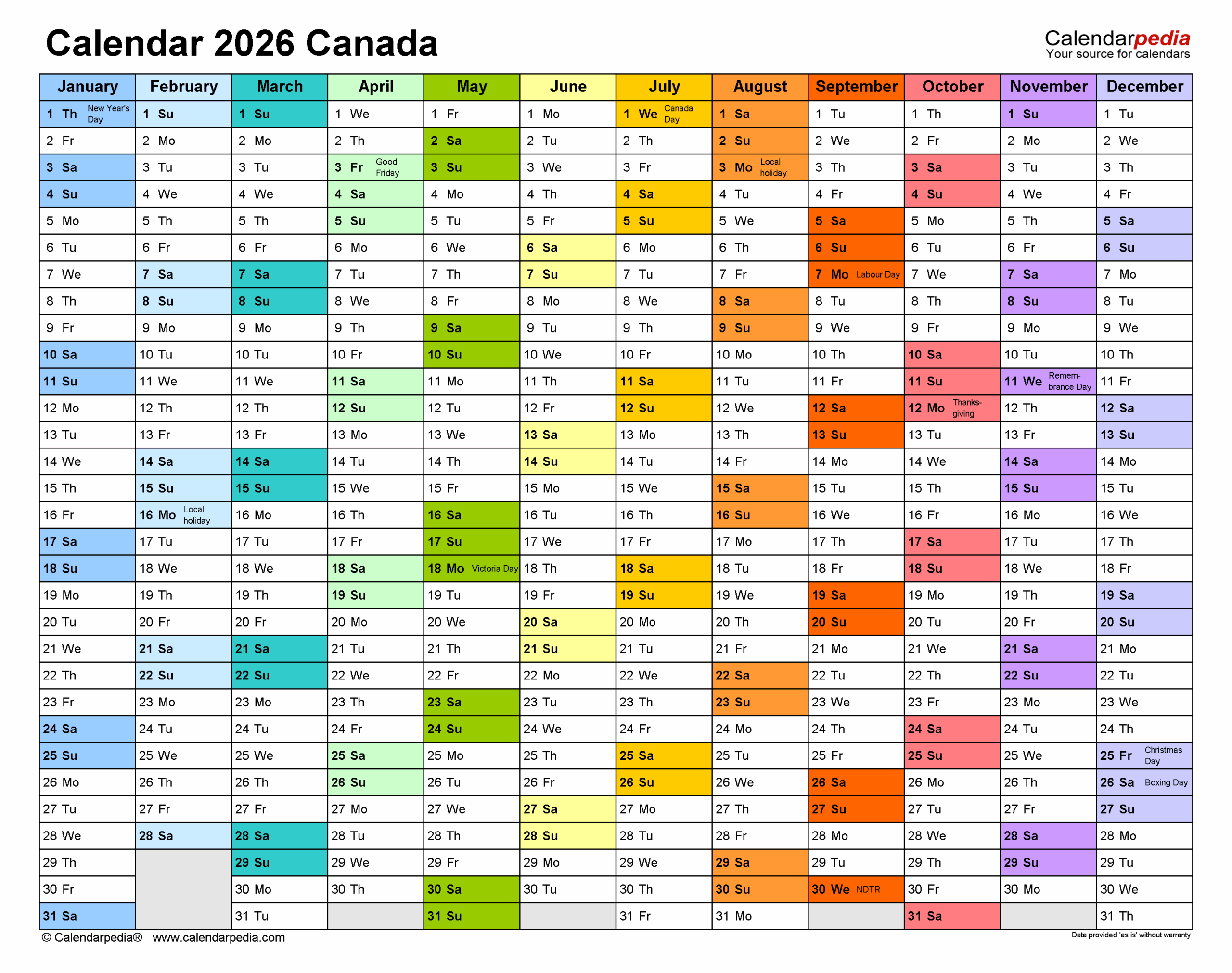 Canadian Calendar 2026 With Holidays