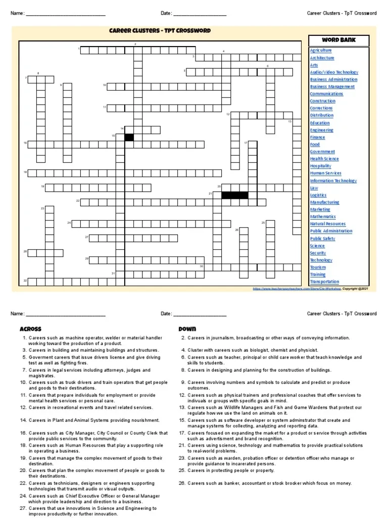 Career Clusters TPT Crossword Career Clusters TPT 
