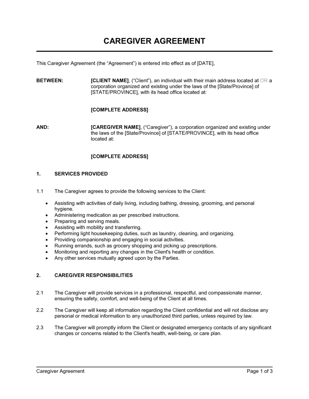 Caregiver Agreement Template Word amp PDF Free Trial