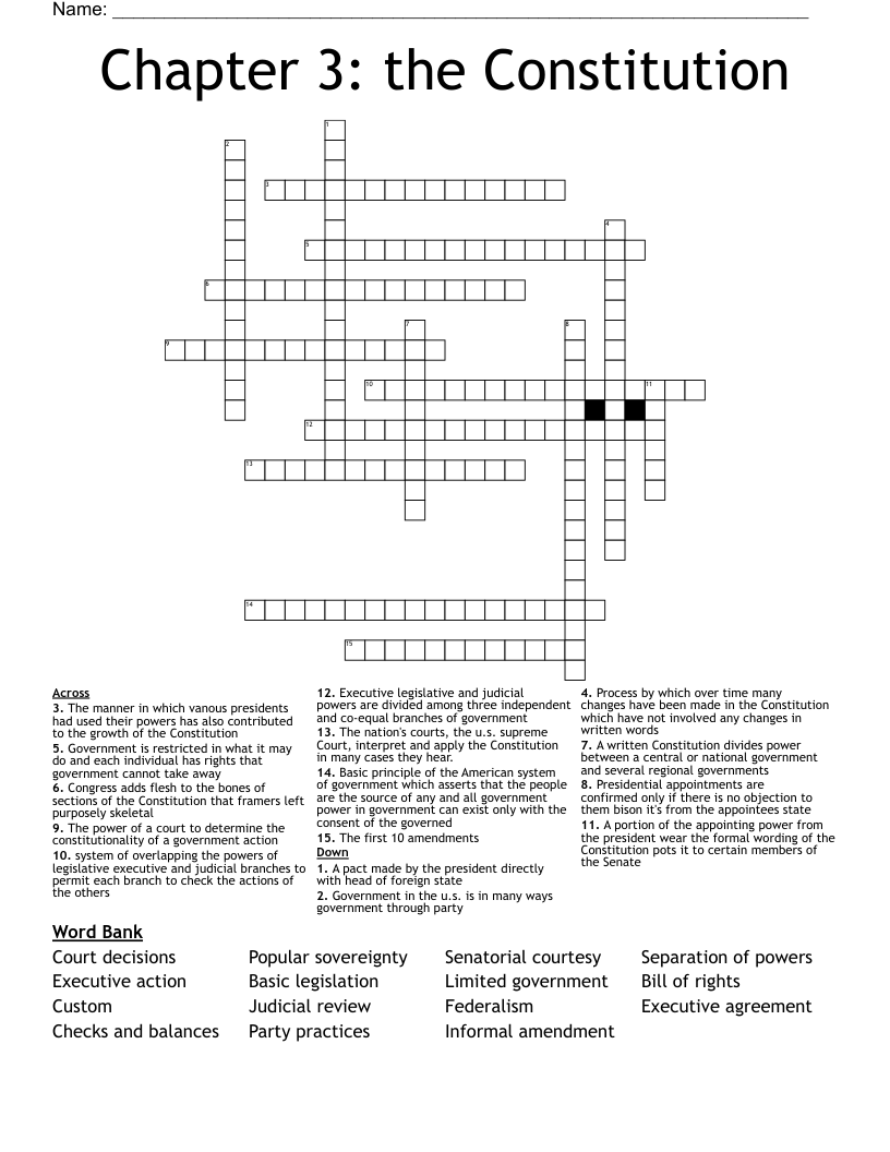 Constitution 3rd Grade Crossword Puzzles Printable