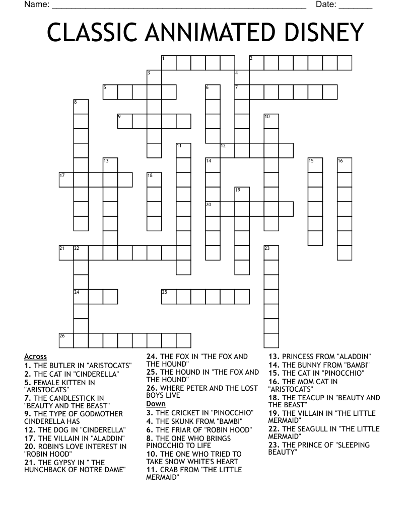 CLASSIC ANNIMATED DISNEY Crossword WordMint