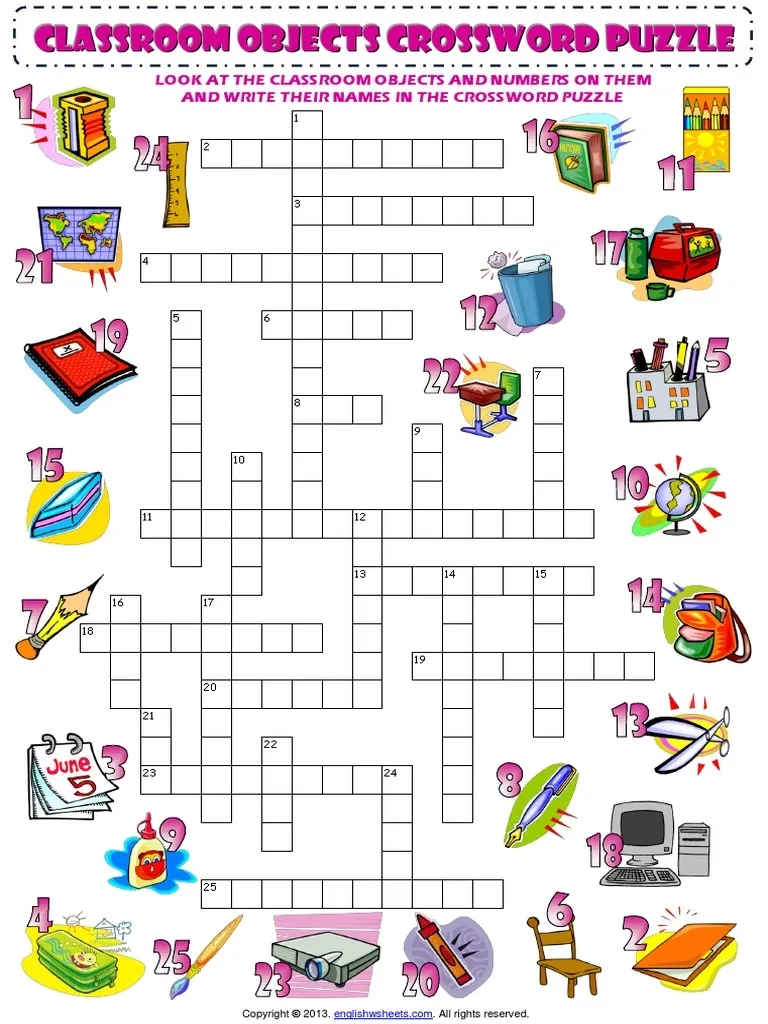 Classroom Objects Esl Vocabulary Crossword Puzzle Worksheet For 